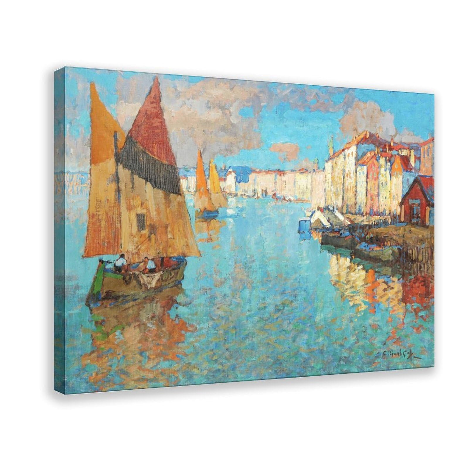 DFJyjFGJJ Konstantin Gorbatov,View of Chioggia, Coastal Town Scenery, Seaside Sailing Scenery Canvas Wall Art Print Poster For Home School Office Decor 20" L X 30" W