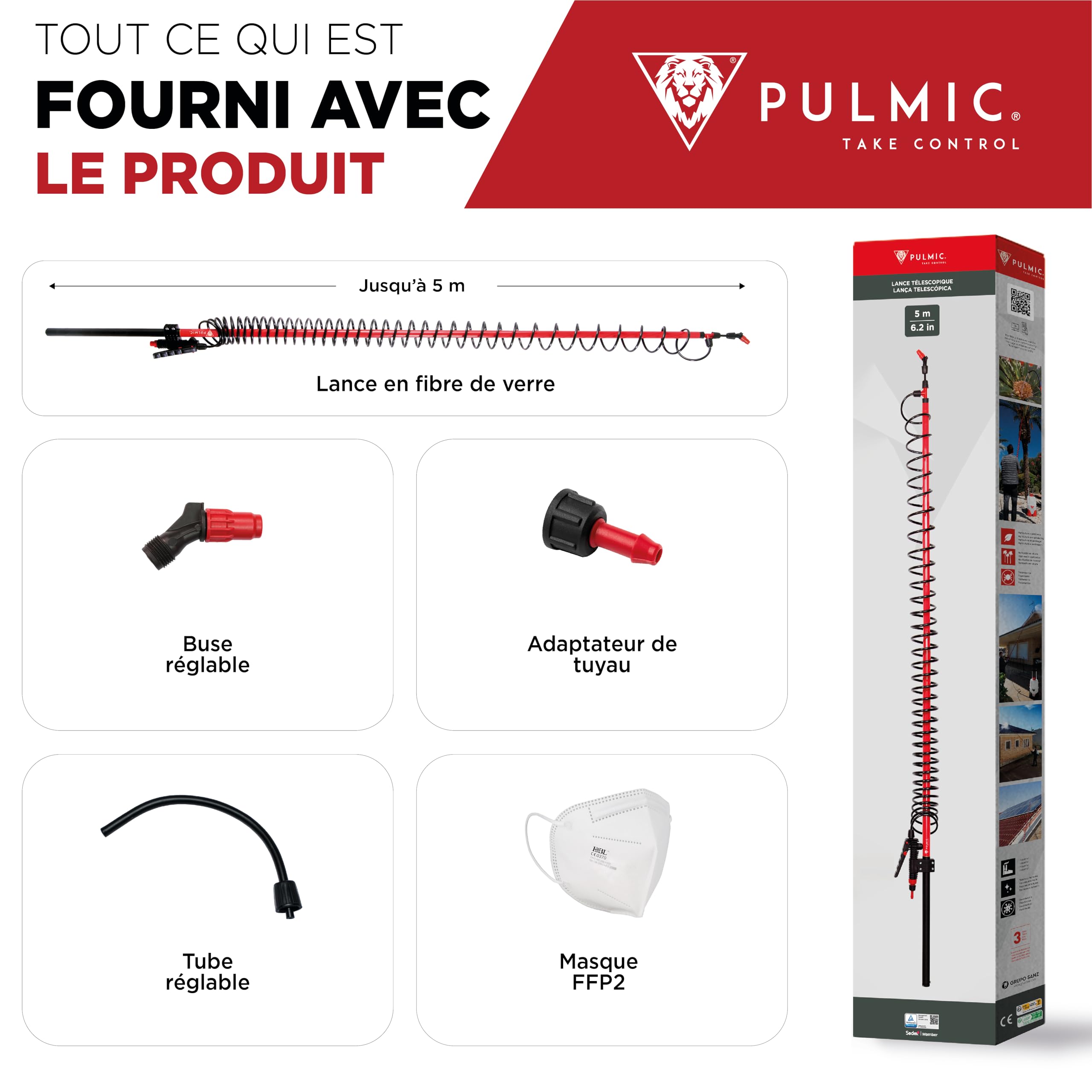 Pulmic Lance de Pulvérisation Télescopique 5 m d'Hauteur – Perche en Fibre de Verre Légère. Idéale pour Le Démoussage, Le Nettoyage de Toiture, Murs et Façades. Buse Réglable Qualité Professionnelle