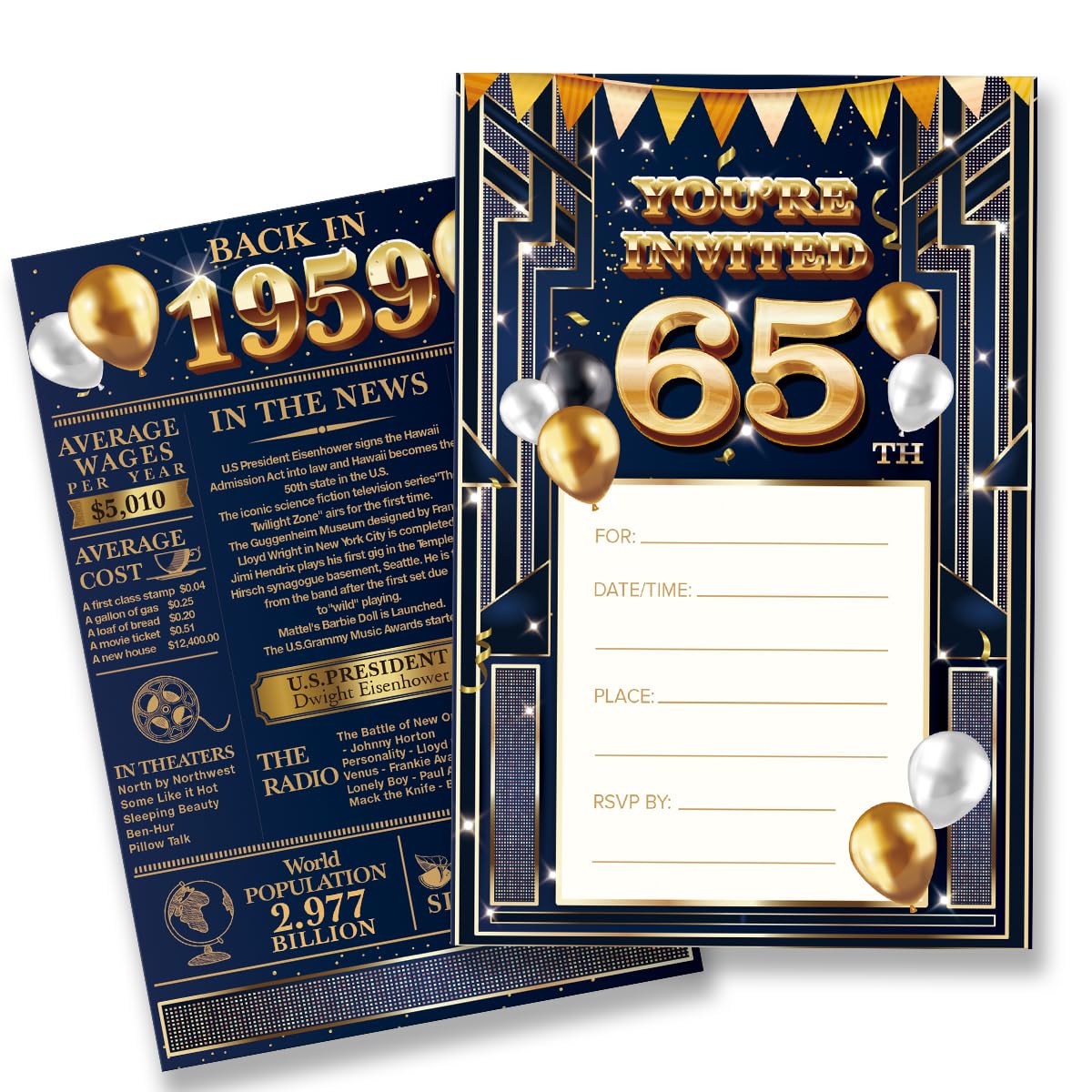 QZJ 65th Birthday Invitations - Back in 1959 - 20 Invitations and Envelopes