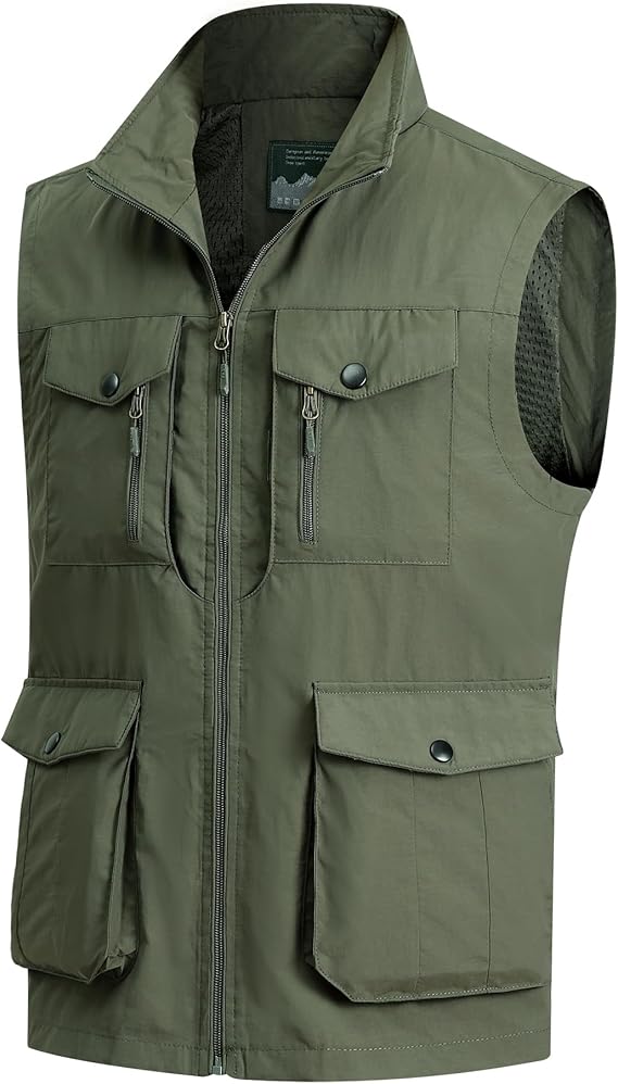 Btmpmcs Casual visvest voor heren, lichtgewicht ademend fotografievest, outdoor, meerdere zakken, gebruiksgilet, safari, wandelen, reizen, vest, tops, katoenen mouwloos jack, C-leger Groen, XXL