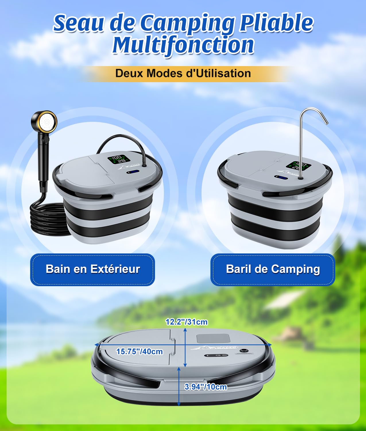 WADEO 2026 Douche Portable de Camping – Seau Pliable + Pompe Intégrés, 13000 mAh Rechargeable, Écran LED (℃/℉), 5 Vitesses, IPX8, Kit de Douche pour Camping, Animaux, Plage, Lavage Auto