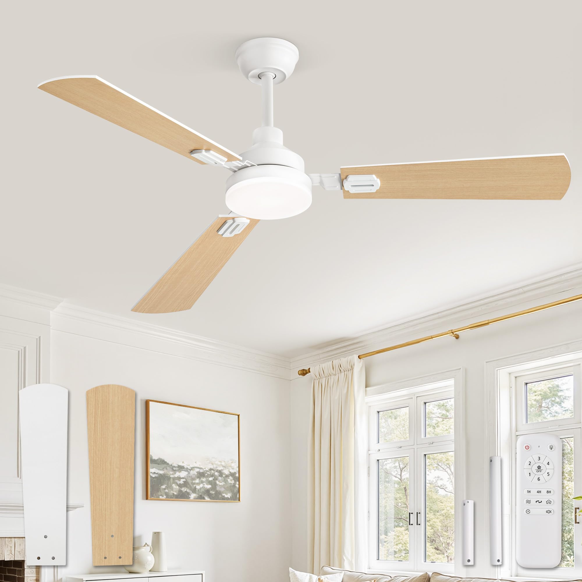 Ceiling Fan with LED Light, 52 Inches, Remote Control, for Indoor and Outdoor, CCT 3000K-6000K, Silent Reversible DC Motor, 6 Speeds, Timer 1H/4H/8H, White/Light Wood Blades