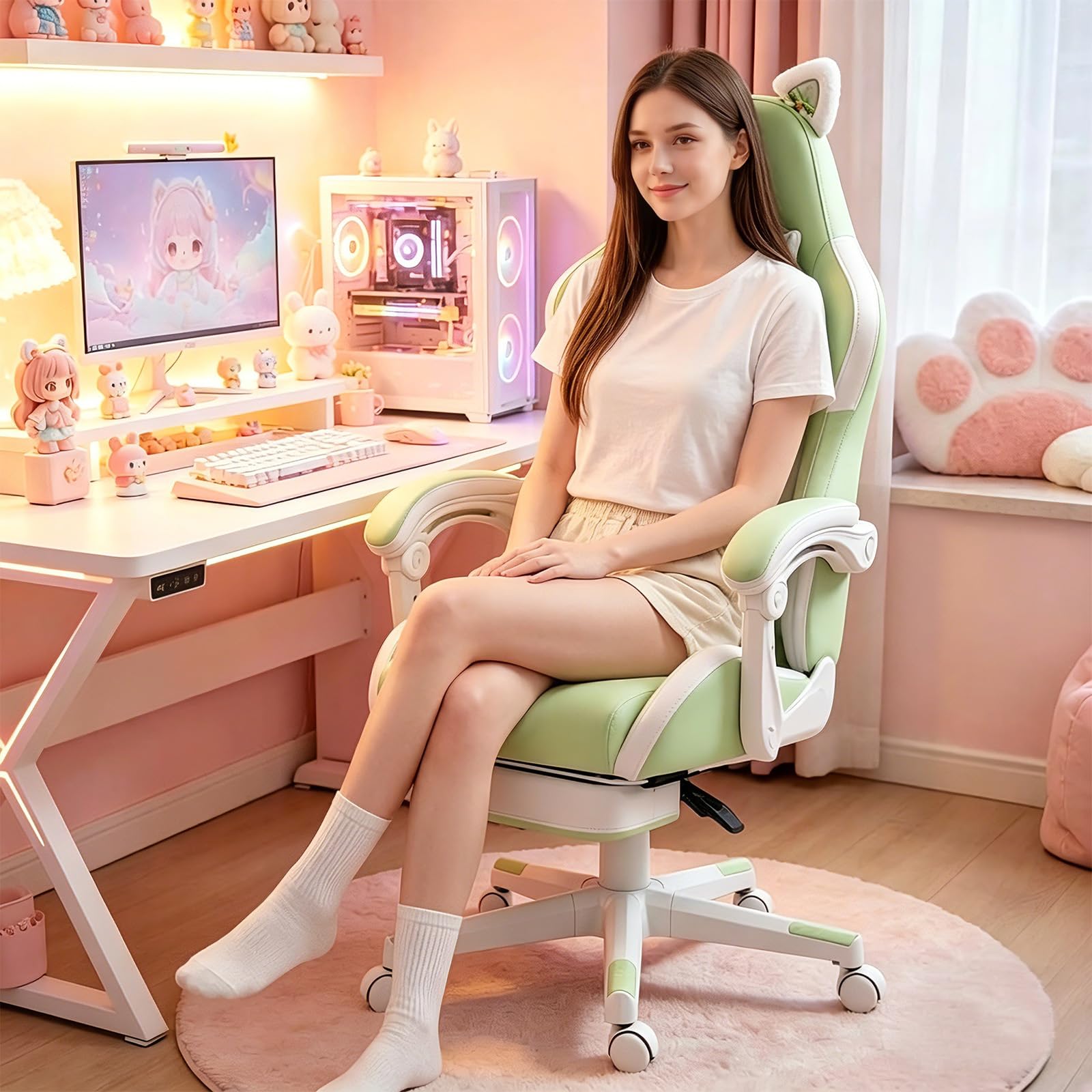 Vigosit Cute Cat Ears Gaming Chair for Women Girls - Ergonomic PU Leather Office Chair with Footrest cat paw Pillow, 360° Swivel Recliner, Green: Cat Green