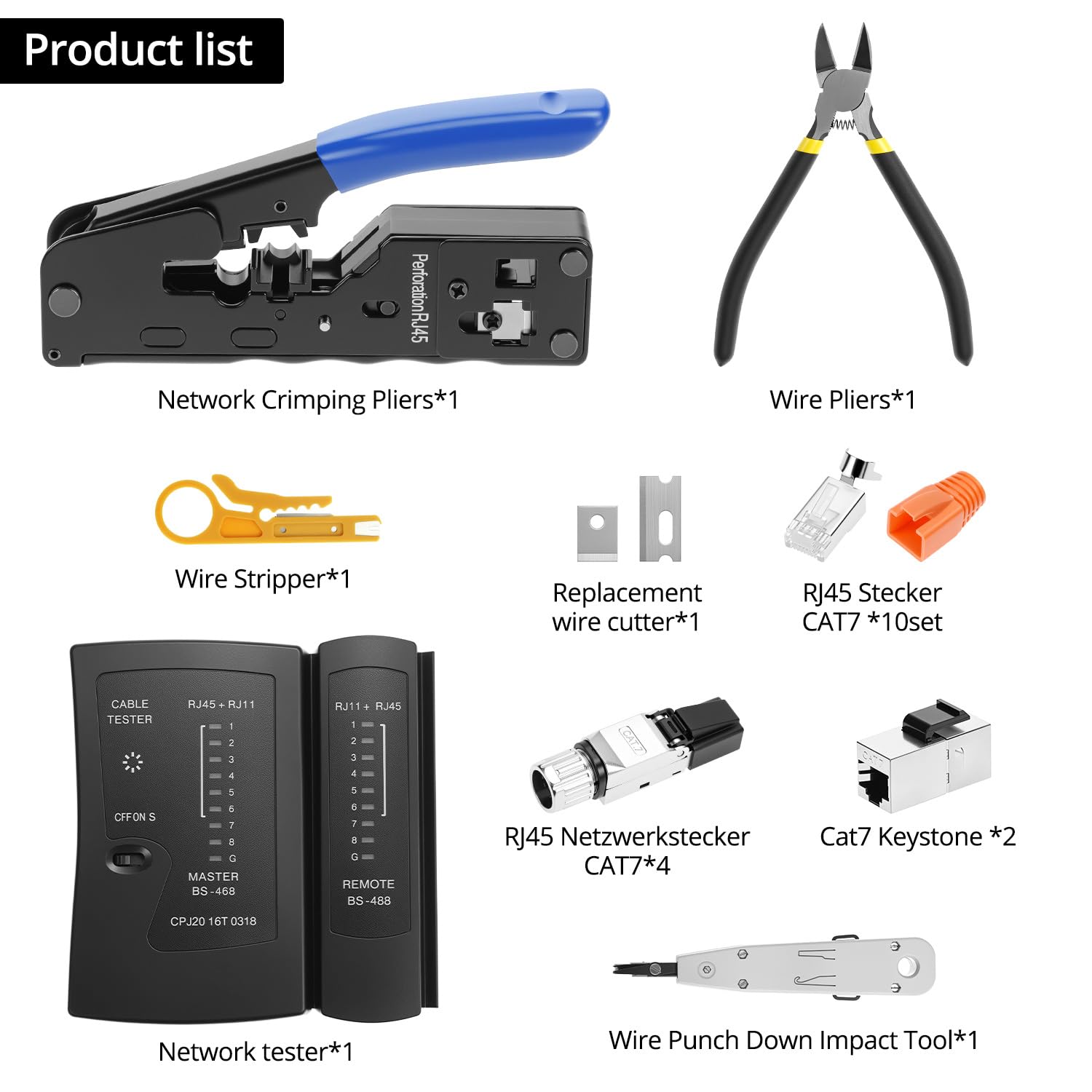 QWORK® Set di strumenti di rete – Pinza crimpatrice Pass Through RJ45 per Cat7, Cat6, Cat5, inclusi tester cavi LAN e accessori