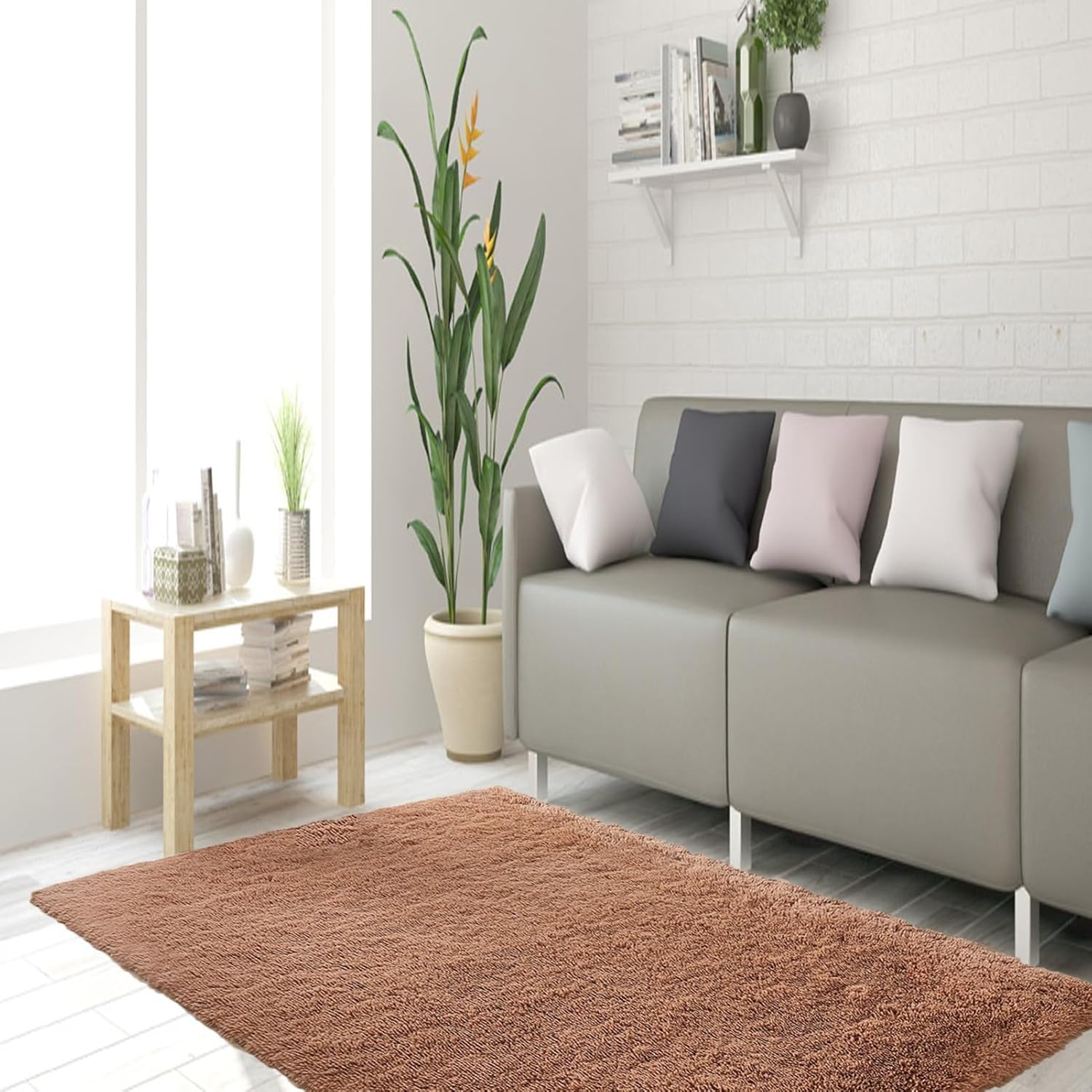 Tapis shaggy salon moderne khaki 110x240 cm grand tapis de chambre enfant doux