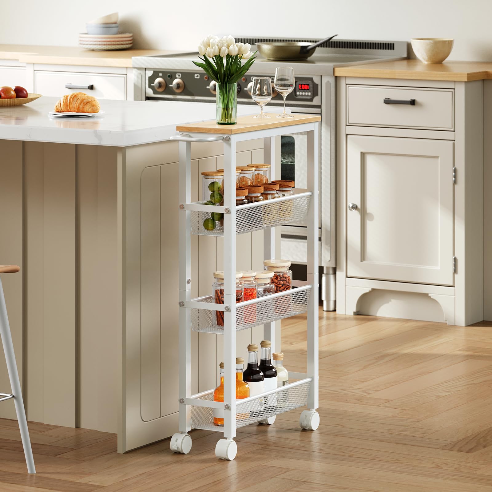 HOOBRO Carro de Servicio de 4 Niveles con Ruedas y Patas Ajustables, Carrito con Ruedas y Paneles Laterales, Carro de Cocina, Carrito de Bar, para Cocina, Salón, Blanco y Madera Natural EWN71TC01