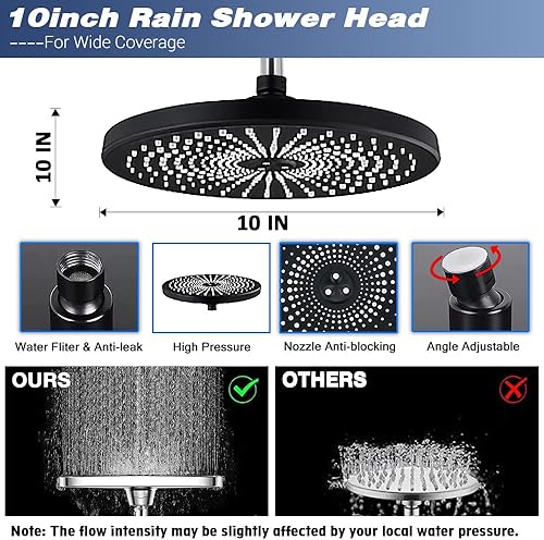 Miniatura 2 de Cabezal de ducha de lluvia negro mate de 10 pulgadas con 6 ajustes, rociador de mano de alta presión, cabezal de ducha doble con brazo de extensión