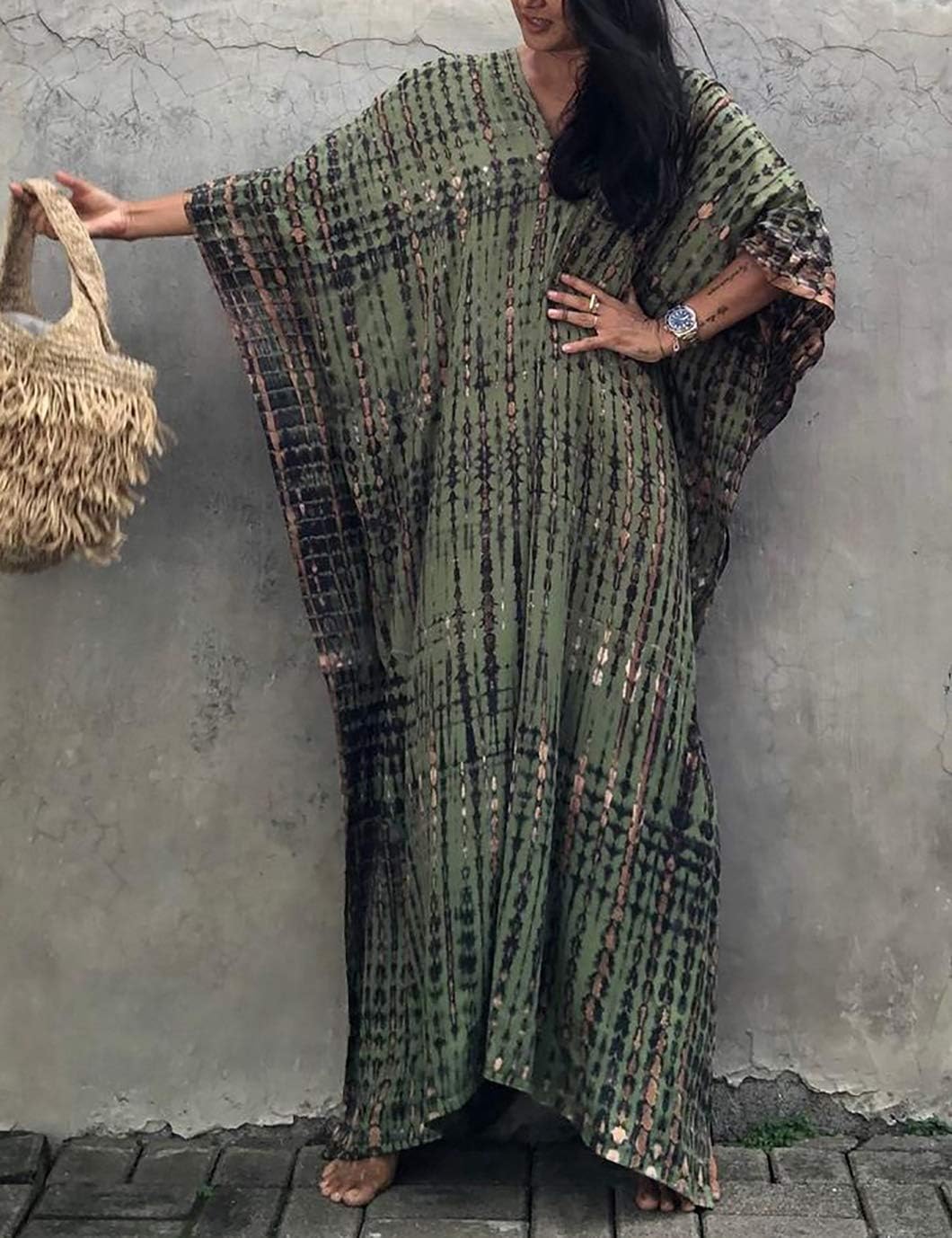 Eddoyee Plus Size Beach Kaftan Dresses for Women Print V-Neck Long Swimsuit Cover Ups - Image 3