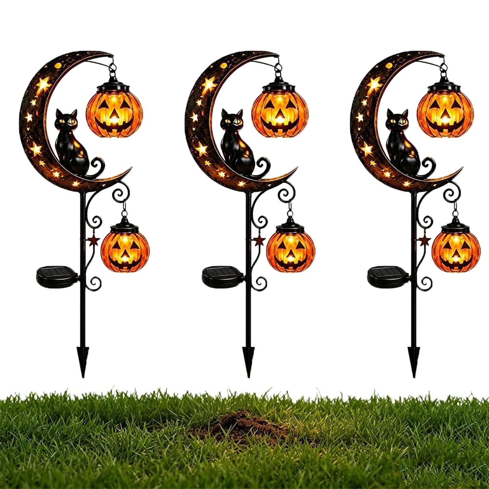 Pealeaf Solar Halloween Black Cat & Pumpkin Moon Garden Stake Light, Outdoor Waterproof LED Yard Decoration with Crescent Moon, Hanging Jack-o'-Lantern Lantern for Garden, Patio, Walkway, Porch (A3)