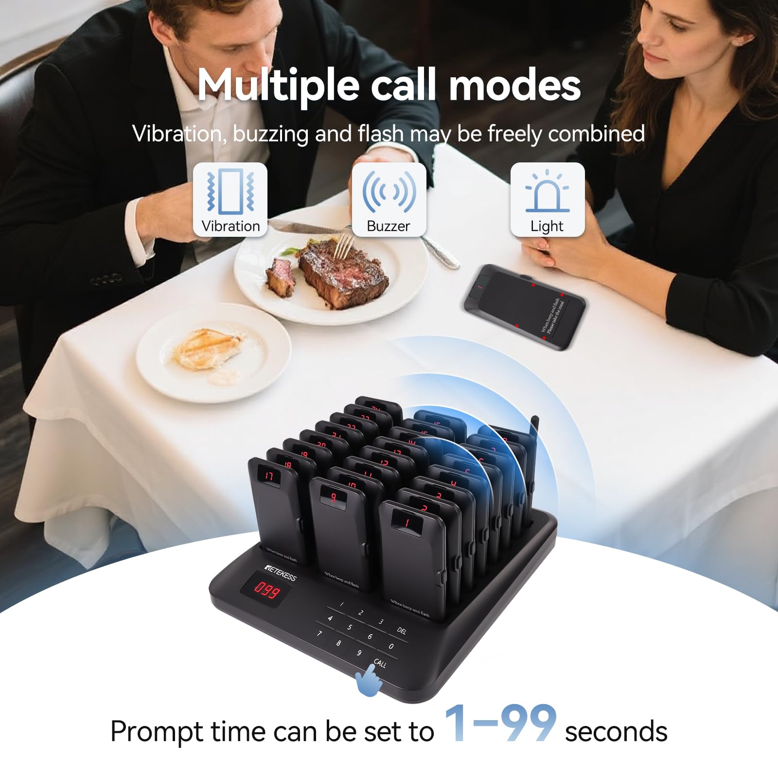 Retekess TD157P Cercapersone Ristorante, 800M Pager Ristorante, 24 Cercapersone, Con Tasto Mute, 39 Modalità di Chiamata, 300 mAh 24H, Cercapersone Wireless per Area Ristoro, Supermercati, Hotel