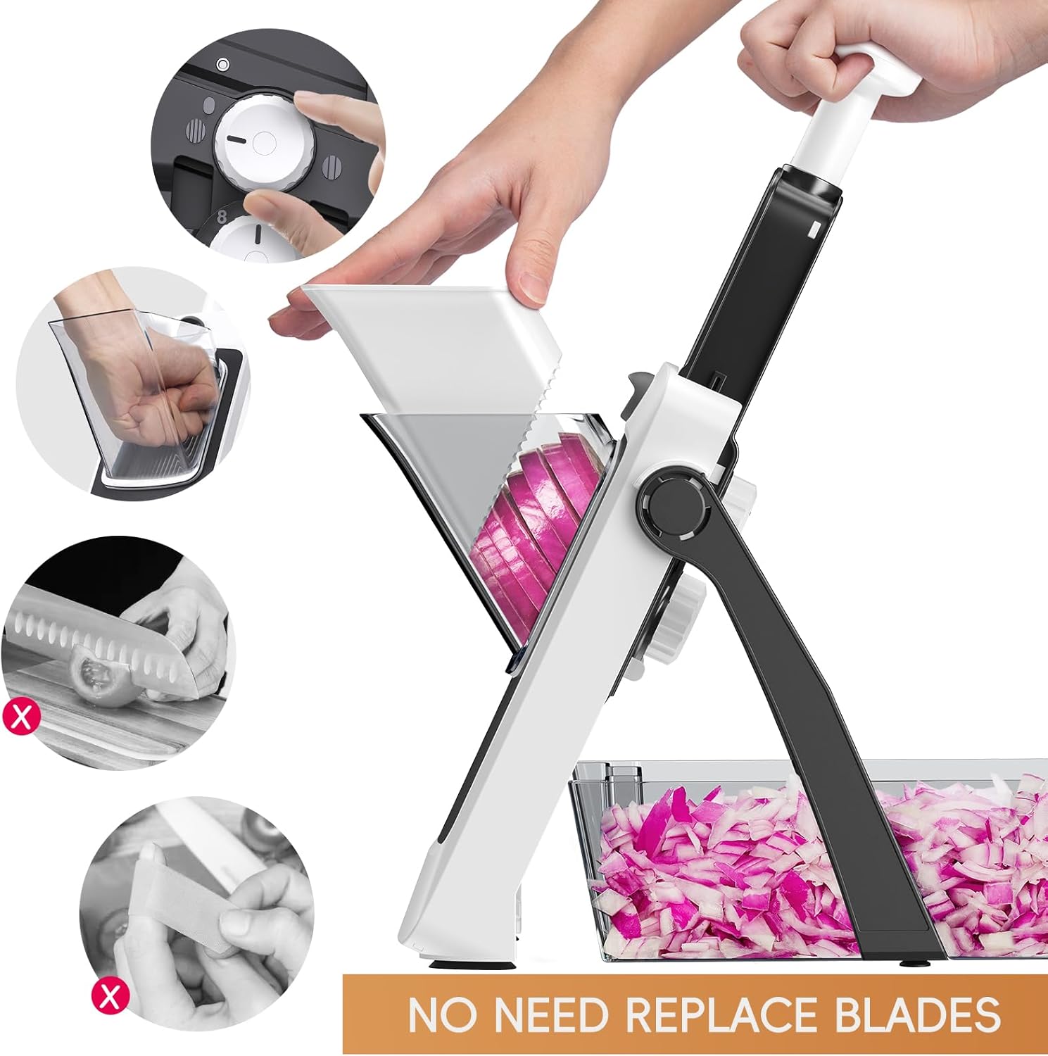 [All in 1] Vegetable Slicer with Adjustable Thickness, Easy to Clean Potato Mandoline Slicer with Container, Rapid Prep French Fry Veggie Cutter/Onion Slicer, Free Grater/Cleaning Brush (Gray)