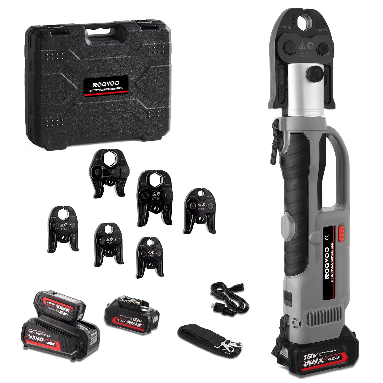 ROGVOC Electric Pipe Crimping Tool Kit with 6 Pro Press Jaws, Pro Press Tool for 1/2 to 2 inches Copper Pipes and Stainless Steel Pipes, 2pcs 4 Ah