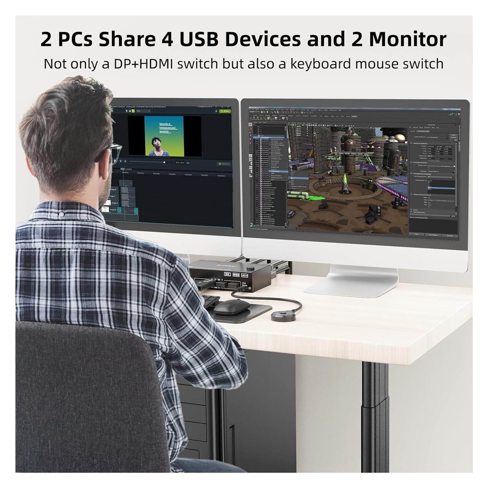 Konwerter Cyfrowy, Przełącznik KVM 4K@144Hz 2 monitory komputery 8K@60Hz, KCEVE i Displayport na dwa z 4 portami USB 3.0