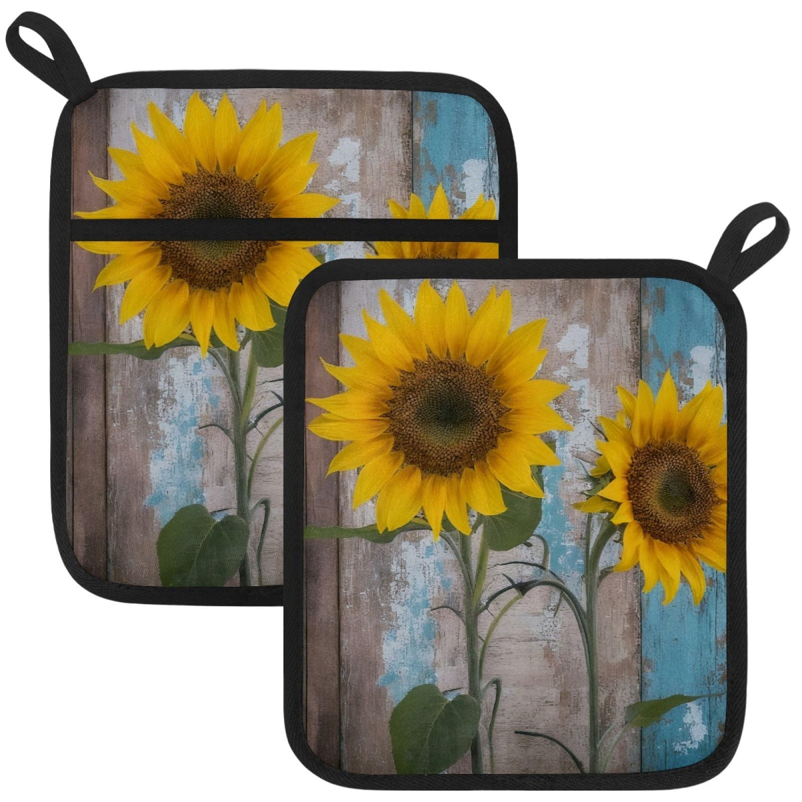 VAPOKF Farmhouse Sunflowers Heat Resistant Pot Holders, Thick Pot Holders Pad with Hanging Loop for Kitchen, Oven Cloth Pads for Kitchen Baking Microwave Oven