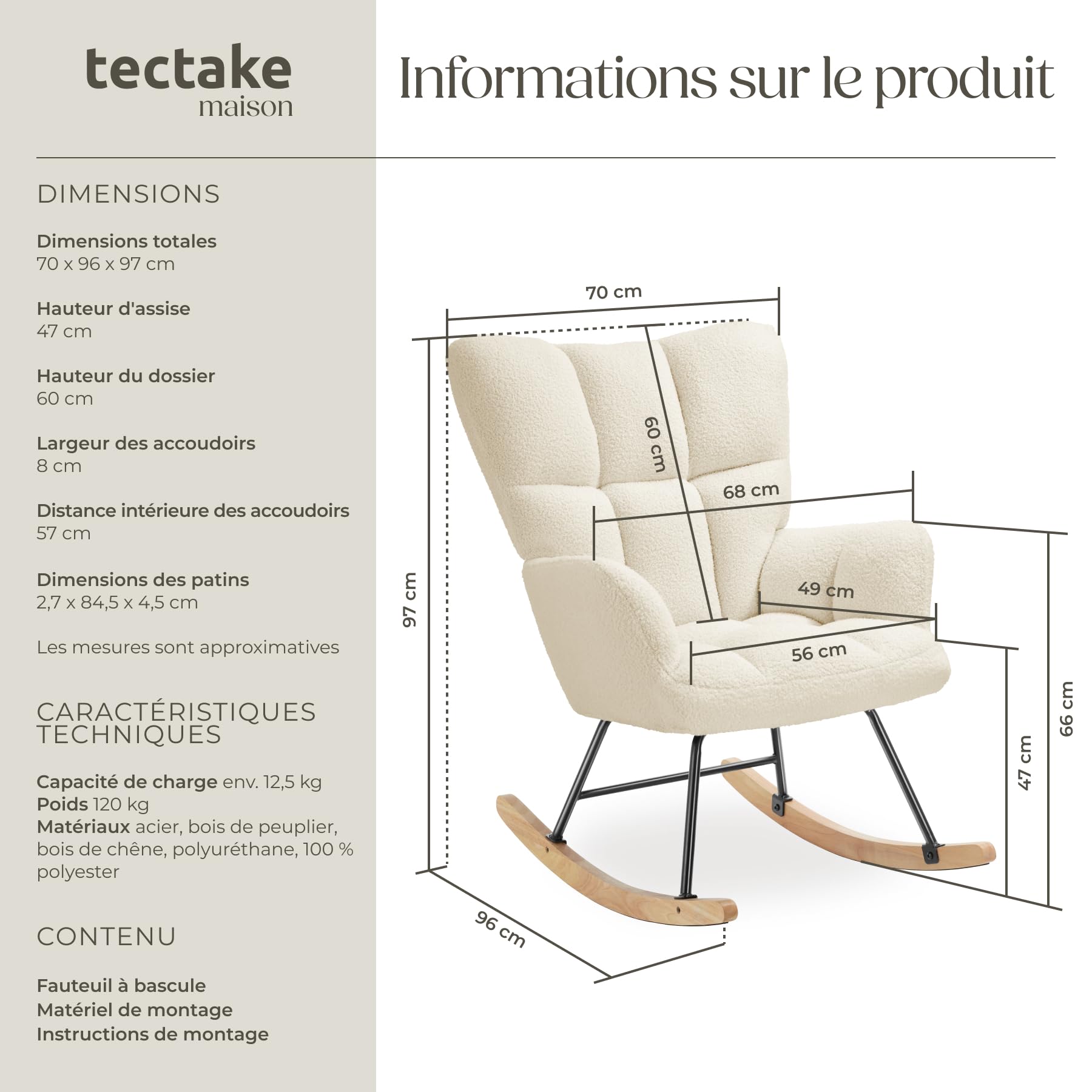 tectake® Rocking Chair Fauteuil à Bascule avec Accoudoirs Fauteuil scandinave motif matelassé Chaise Relax rembourée Cadre en Acier Fauteuils Salon Veranda Chaise Ergonomique idéal Détente Allaitement