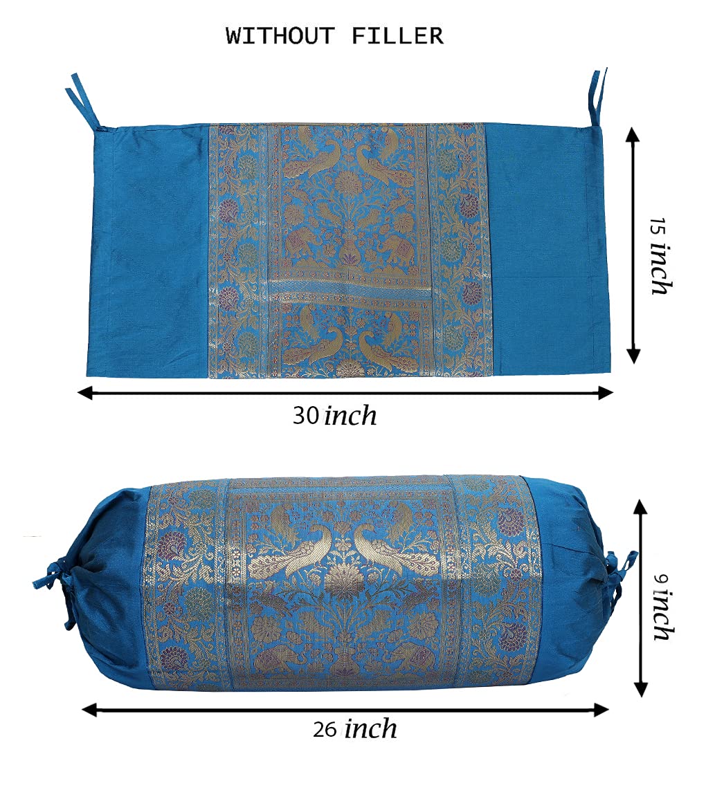 Fodere Per Cuscino Cilindrico Diwan 76x38 Cm - Set Di 2, Broccato E Seta Polidupion Blu E Oro, Motivo Elefante