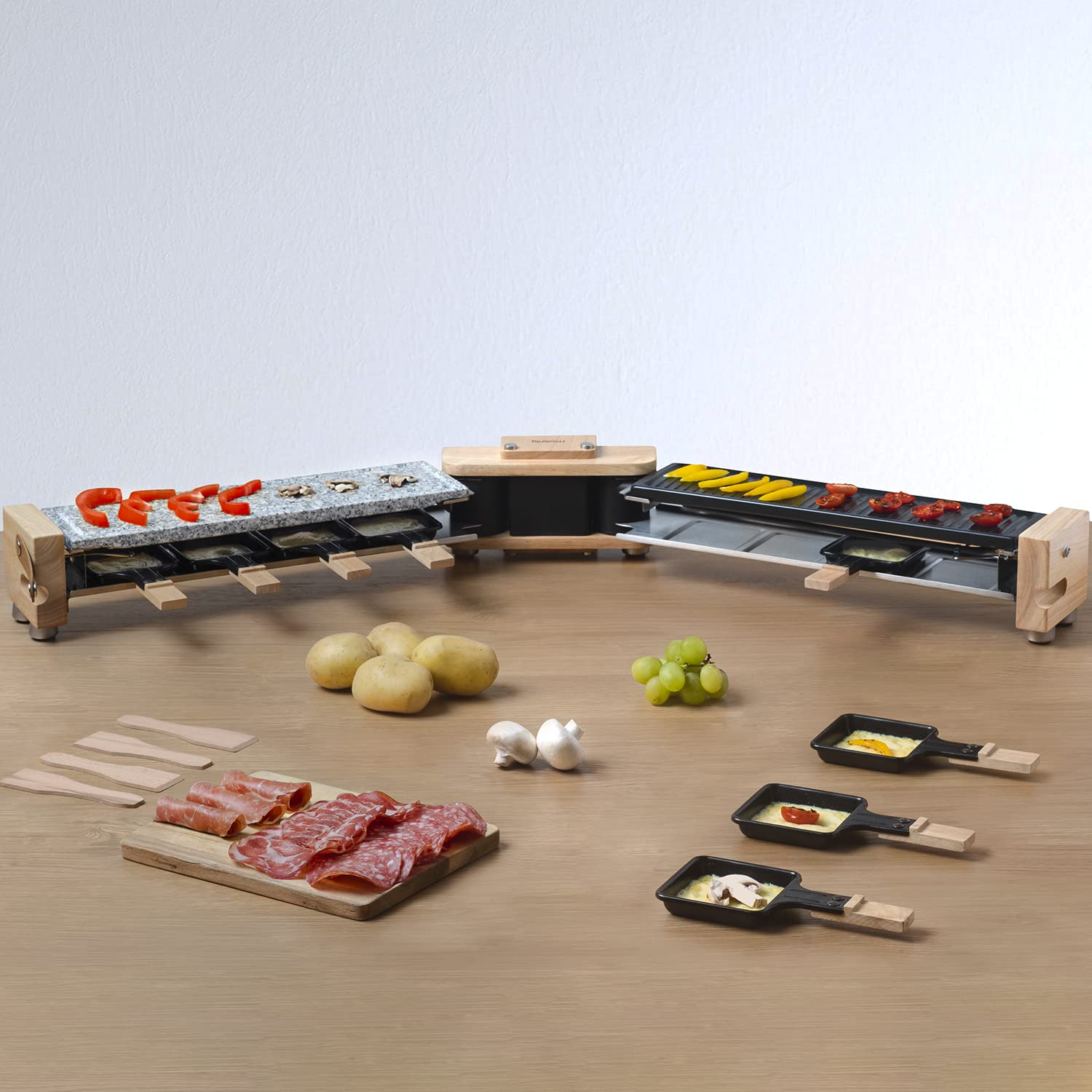 H.Koenig Raclette-Gerät WOD360 für 8 Personen, 1400 W, um 180° drehbarer Sockel, Naturholz-Design, 8 antihaftbeschichtete Pfännchen und Spatel,abnehmbare Platten - Granitsteinplatte und Grillplatte