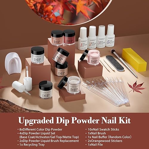 Miniatura 7 de AZUREBEAUTY Kit de 30 piezas de polvo de inmersión para uñas con palitos de uñas, 8 colores de otoño e invierno nude marrón brillantina, juego