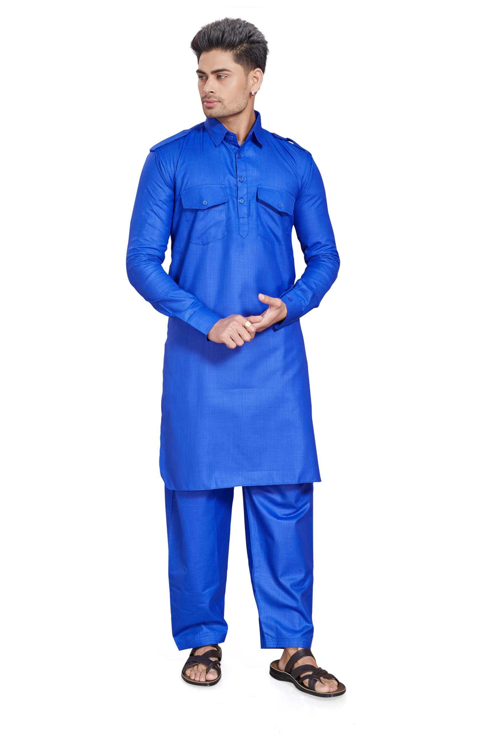 Divisive Men's Cotton Blend Pathani Kurta Pyjama Set (Dkrt459_M_R Blue)