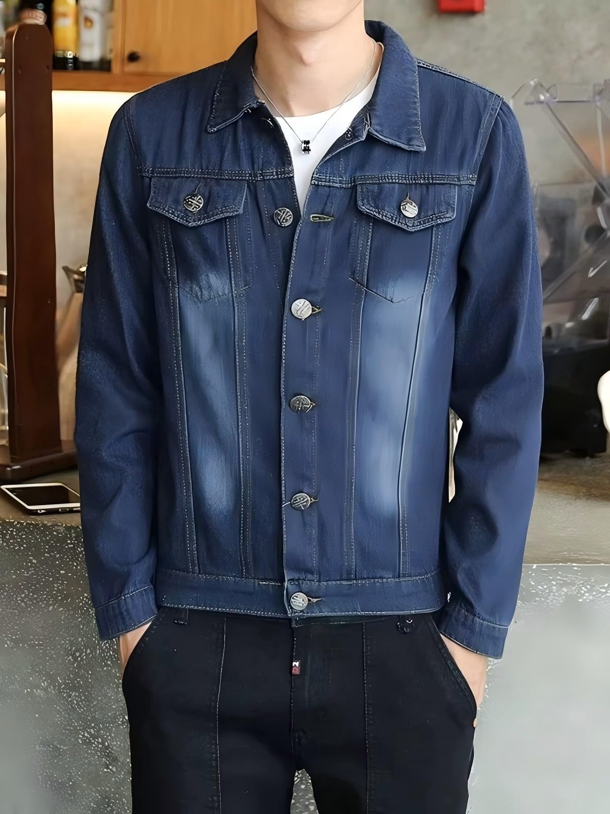 Men's Denim Jacket Long Sleeve Button-Front Collared Coat For Casual Daily Wear Classic Washed Jean Outerwear Outings