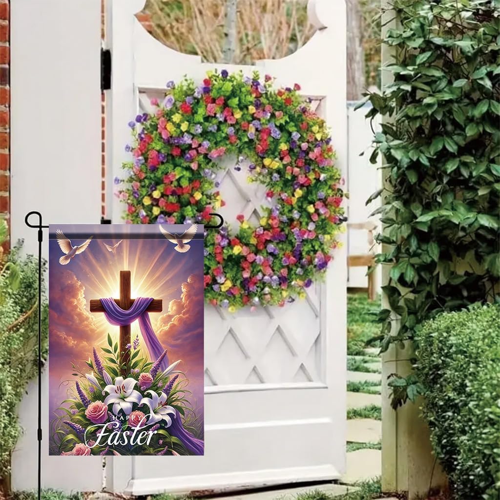 Happy Easter Garden Flag 12x18 Inch Double Sided Outdoor Yard Banner Cross with Purple Cloth White Lilies and Doves Religious Spring Porch Lawn Home Decoration - Image 7