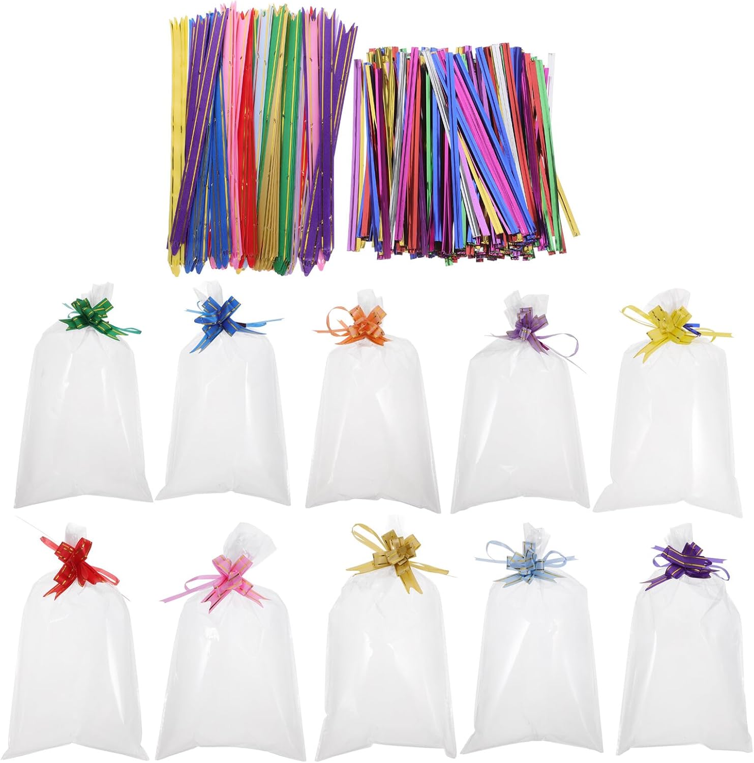 DEARMAMY 400pcs Cellophane Bags 15 X 25 Cm with Pull Bows and Metallic Twist Ties, Candy and Cookie Packaging Bags for Party Favors and Present Basket Wrapping