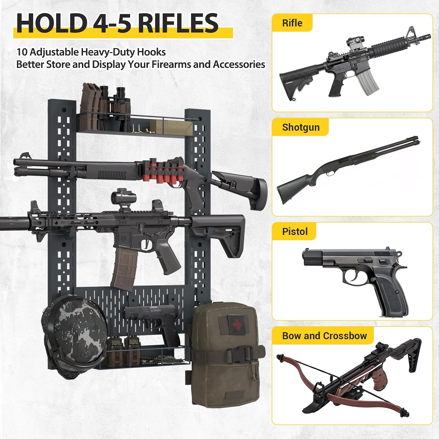 Gun Rack Wall Mount, Hold Up 100LBS Gun Racks for Wall with Adjustable Pegboard and Two Shelves, Heavy Duty Rifle Rack Wall Mount with 10 J-Hooks for Indoor Gun Storage & Display (Upgraded 31.5''L)
