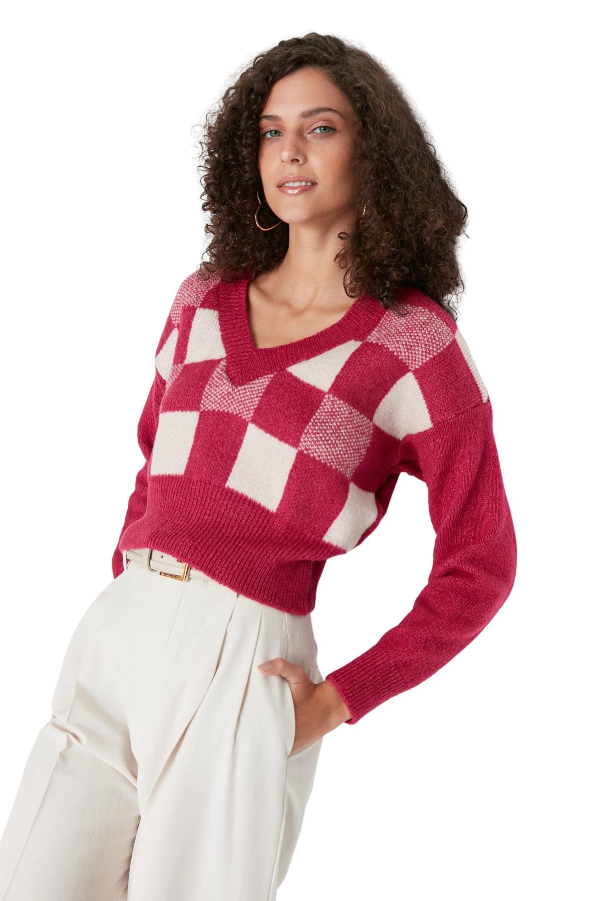 Trendyol Damen Pullover mit V-Ausschnitt, kariert, regulärer Schnitt Sweatshirt, rot, 38