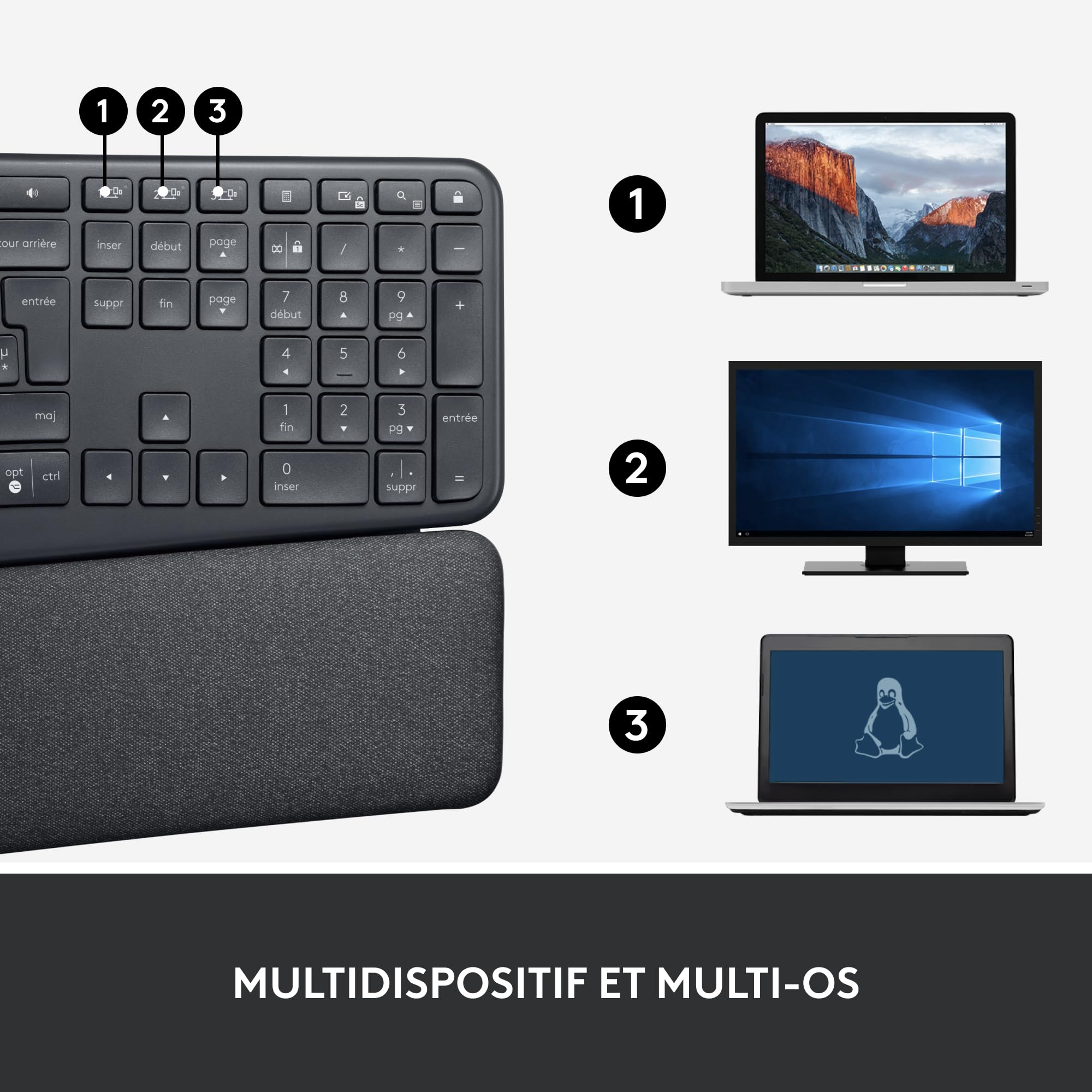 Logitech Ergo K860 Clavier Ergonomique sans Fil - en Deux Parties, Repose Poignet, Frappe Naturelle, Bluetooth et Connectivité USB, Compatible avec PC & Mac, Clavier Français AZERTY - Gris