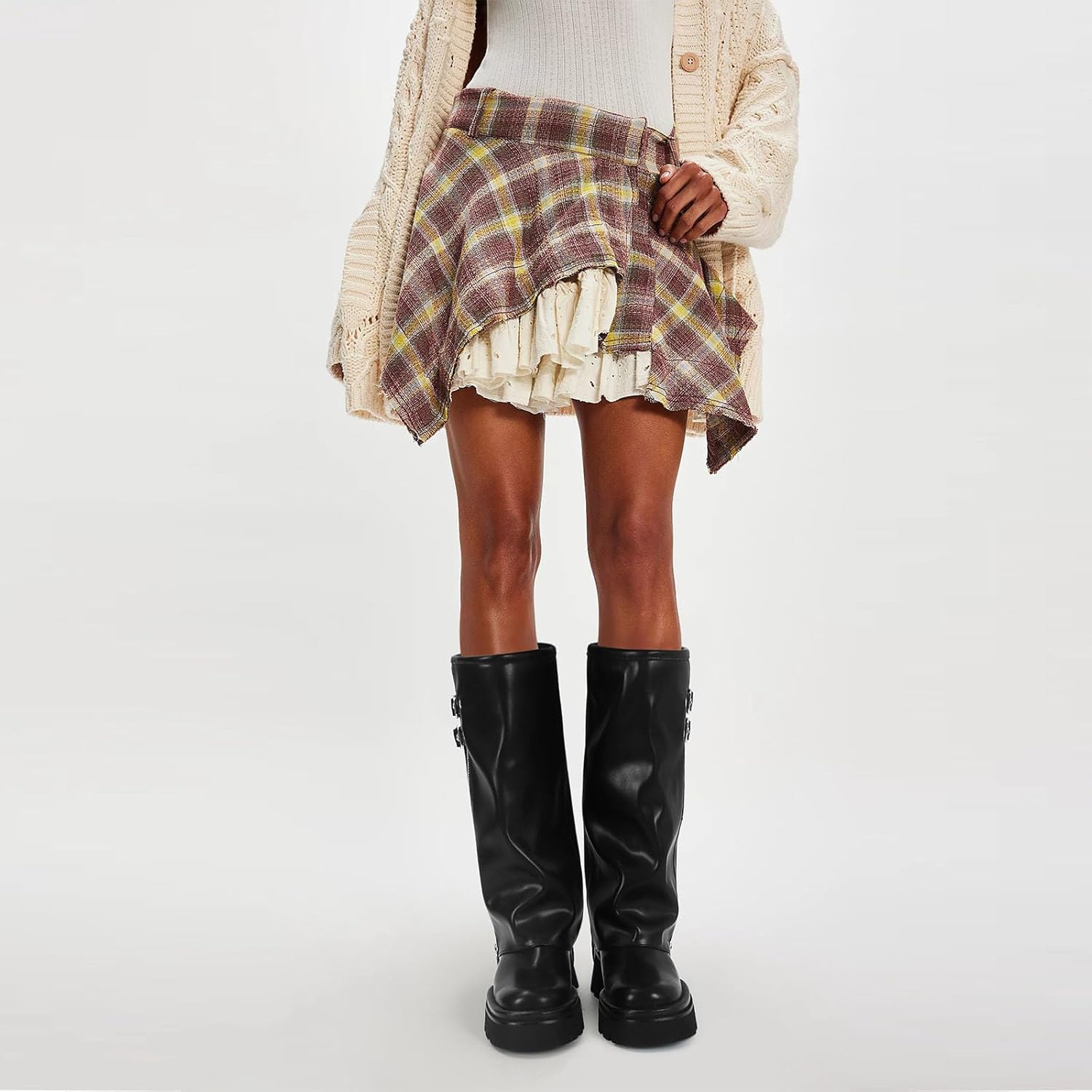 MICIFA Women's Fold Over Boots Platform Slouchy Wide Calf Boots for Women Chunky Heel Ruched Round Toe Riding Mid Calf Booties - Image 5