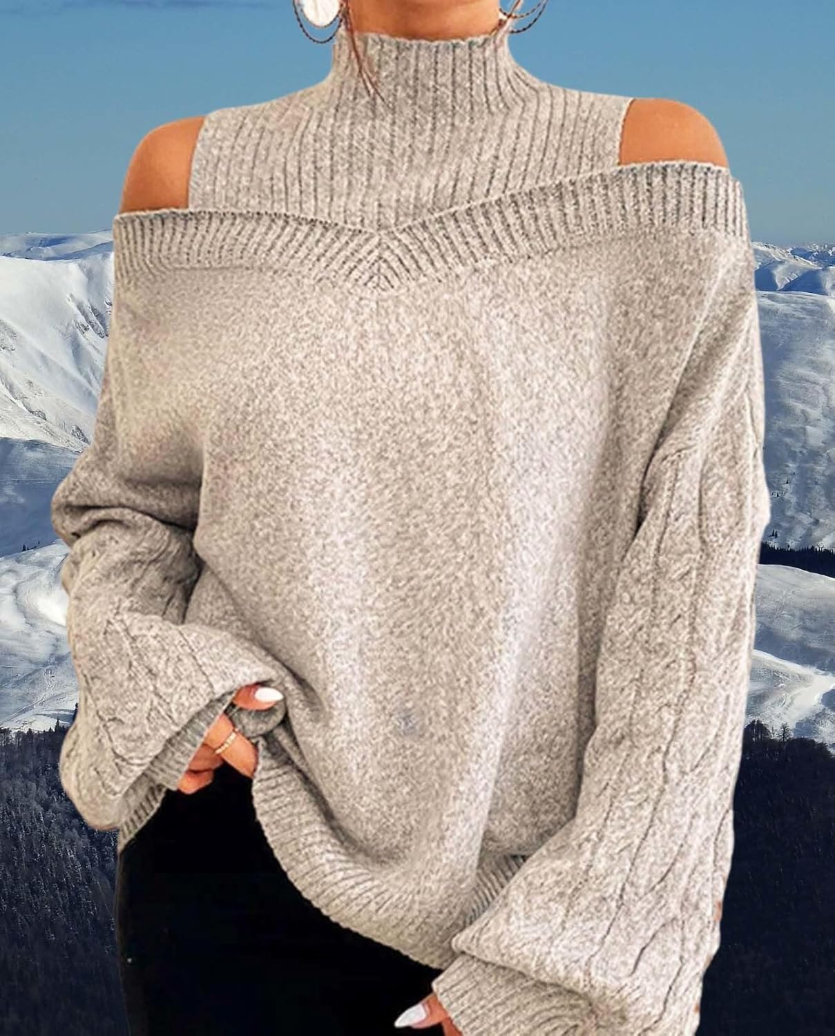Cold Shoulder Sweaters for Women Turtleneck Long Sleeve Chunky Knit Pullover Sexy High Neck Oversized Knitwear Tops