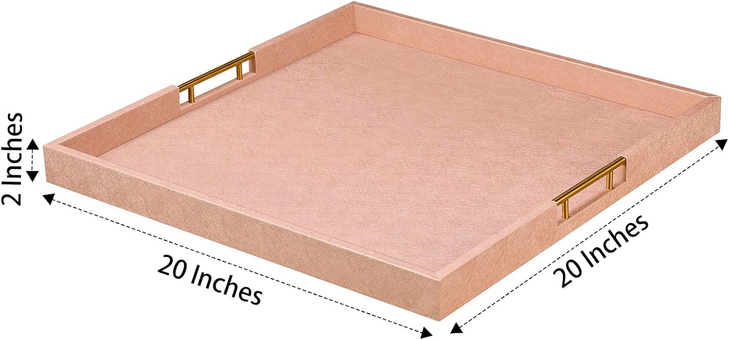 20x20 Inches Large Champagne Faux Leather Wrapped Wood Ottoman Tray with Handles for All Occasions, Serving Breakfast On Bed, Home Decor Decorative, Living Room,Square Coffee Table Organizer Champagne 20" x 20" x 2"