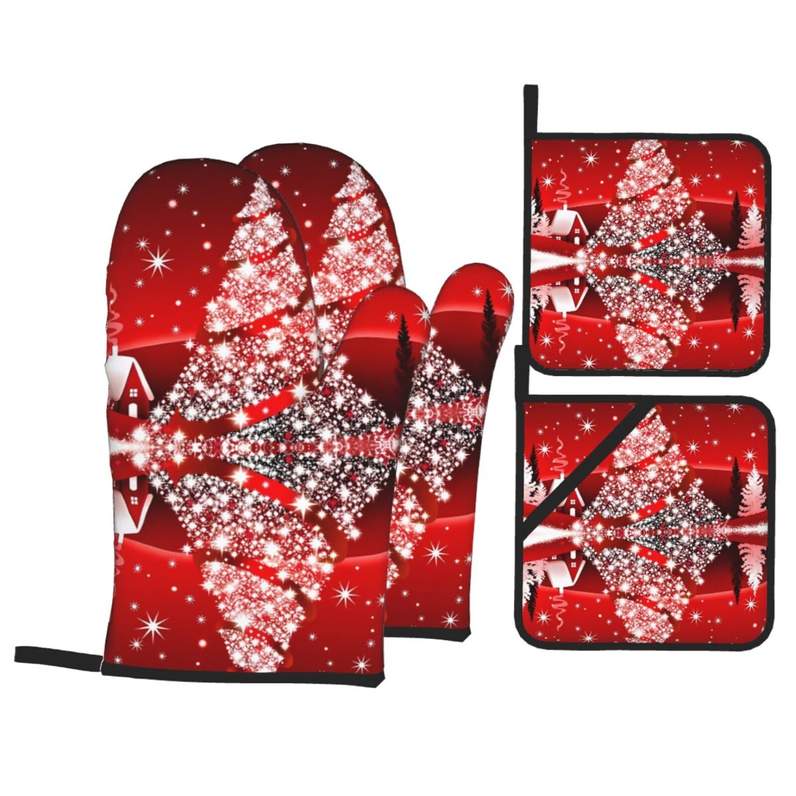 HJFCZH Christmas Tree Red Prints Kitchen Throw Set: Durable Oven Layers with Waterproof Polyester – 4 Piece Heat Protection System