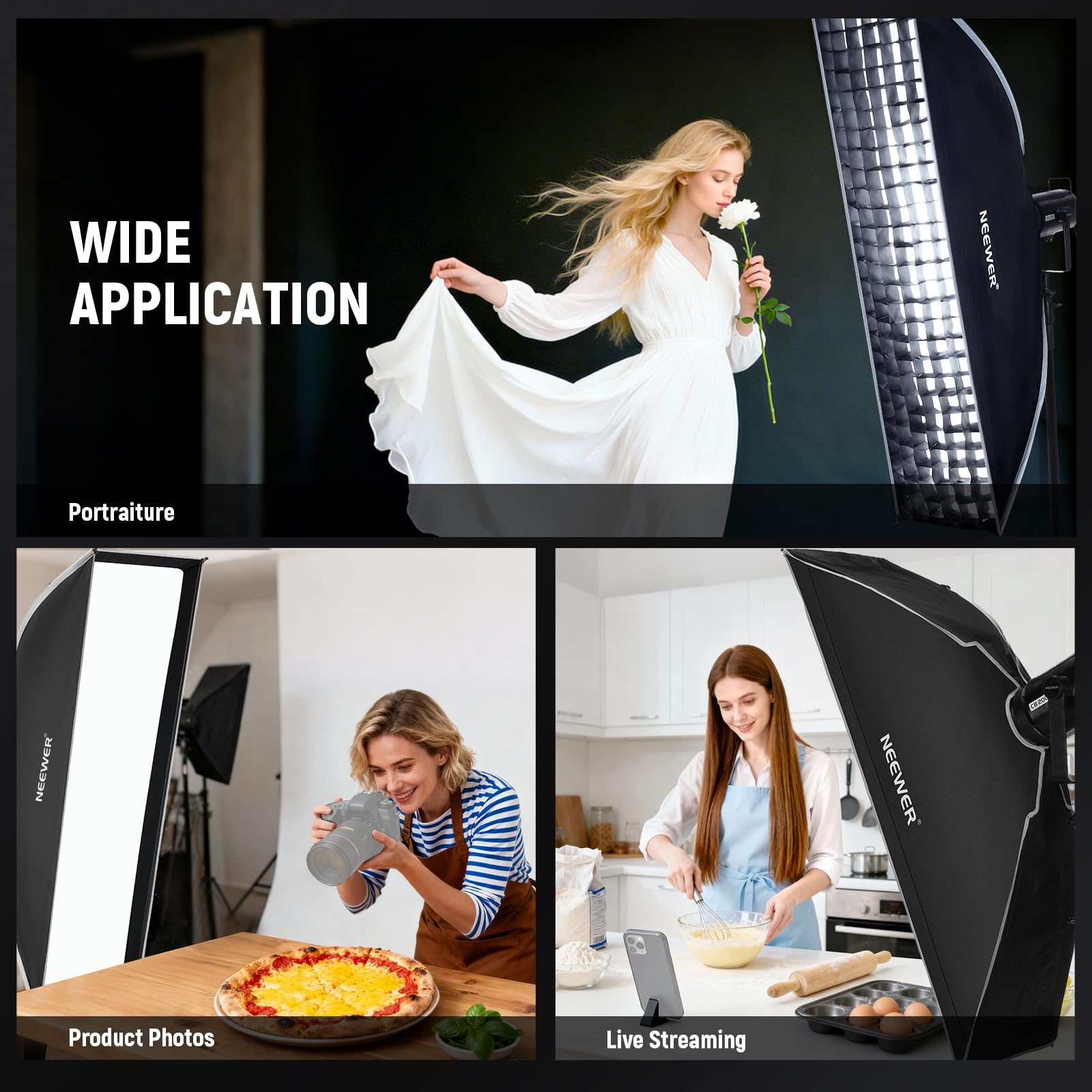 NEEWER Prostokątny zestaw softbox, 30 cm x 119 cm, miękkie pudełko z dyfuzorami światła, do fotografii studyjnej, nagrywania wideo, strumieniowego oświetlenia, kompatybilny z Aputure 120d