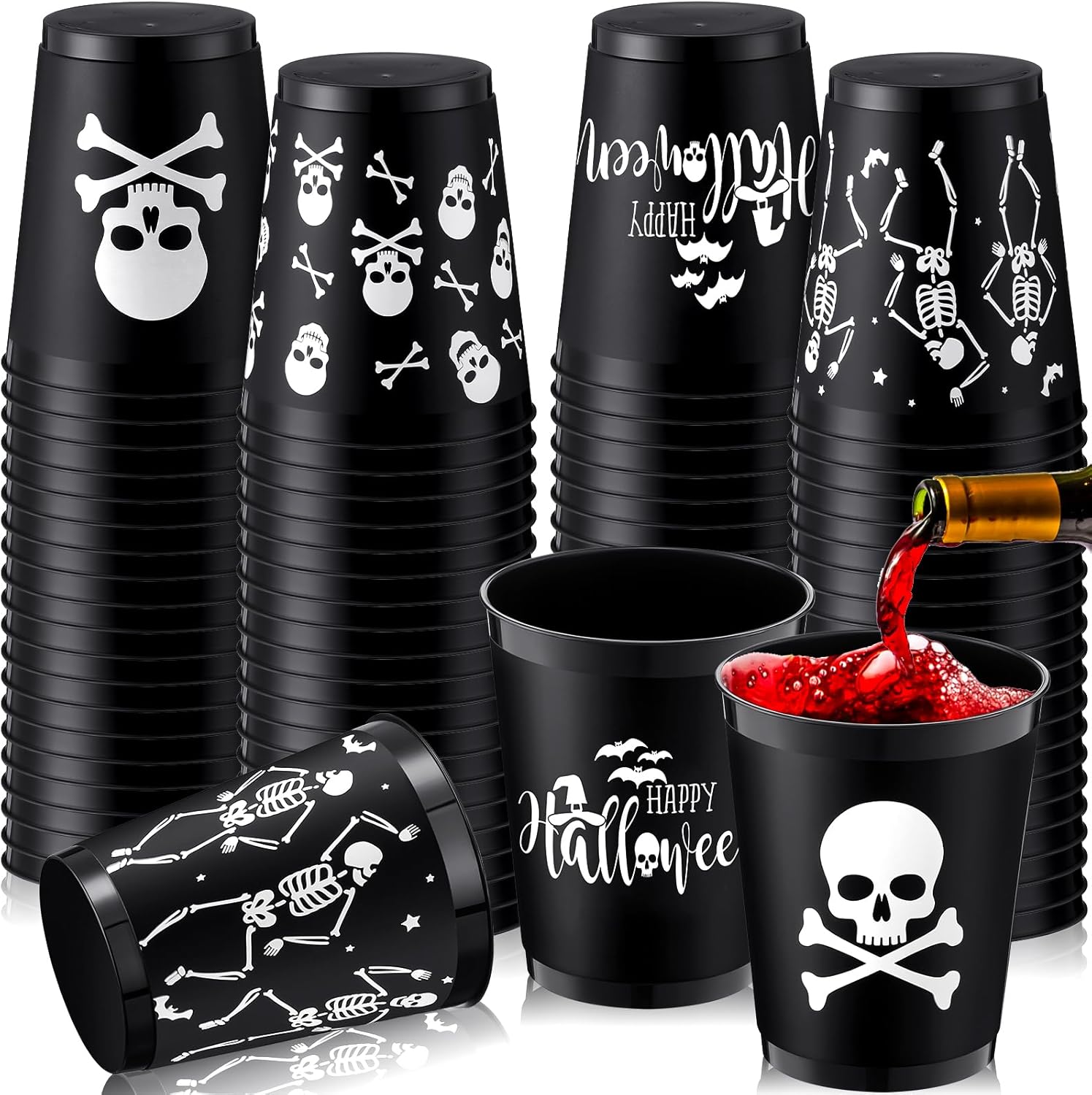 Lallisa 100 Pcs 16 oz Halloween Cups Bulk Halloween Party Plastic Cups Reusable Halloween Drinking Cups Scary Print Halloween Party Favors Decorations for Adults Kids(Skull)