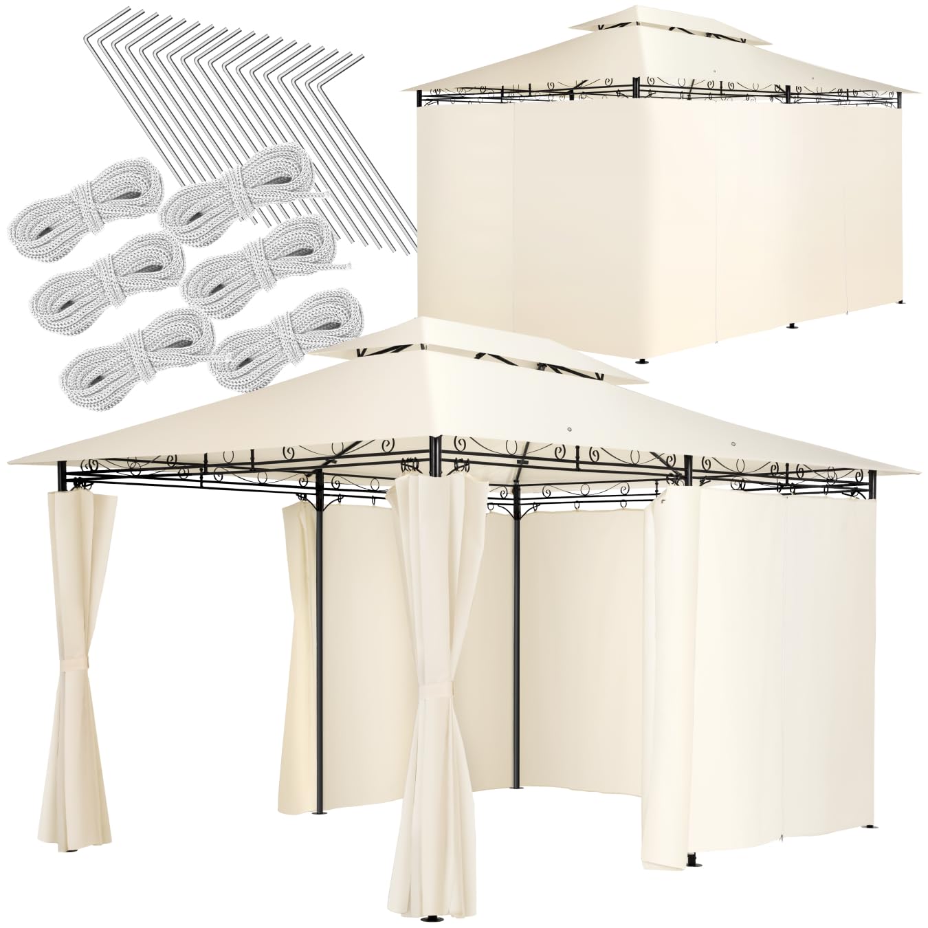tectake® Luxus Pavillon 3x4, Gartenpavillon mit 6 Seitenteilen, wasserabweisend und UV-beständig, abgesetztes Dach, Pavillon inkl. Spannseile und Heringe, Partyzelt für Garten und Terrasse - Creme