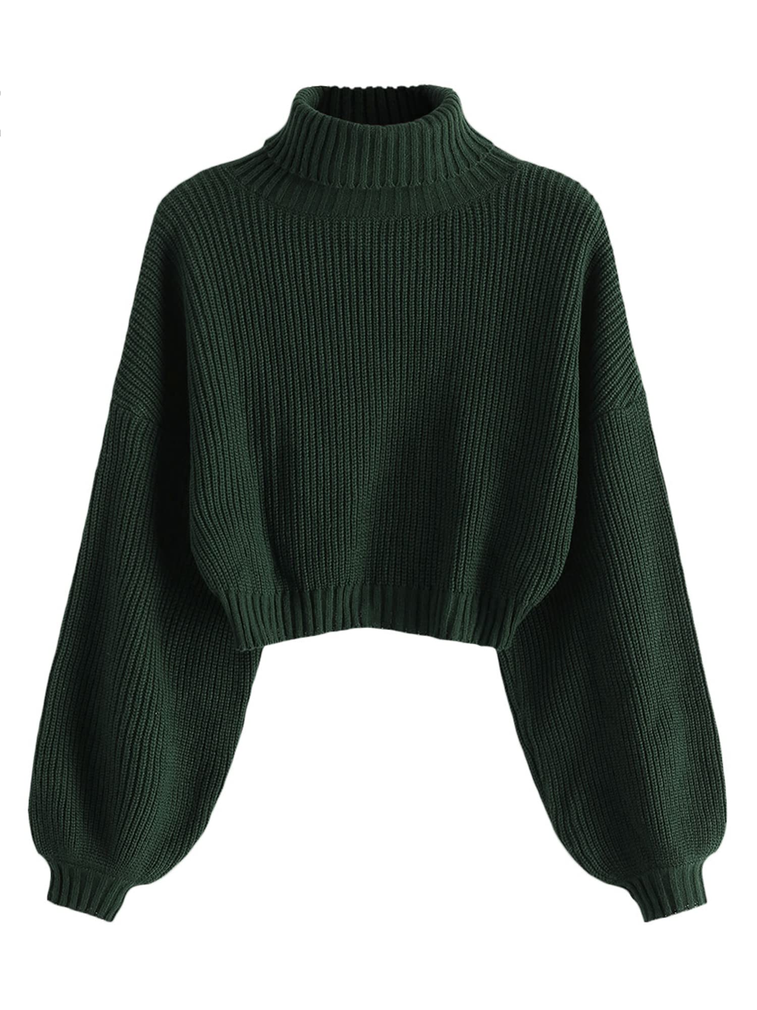 ZAFUL Women's Cropped Turtleneck Sweater Lantern Sleeve Ribbed Knit Pullover Sweater Jumper