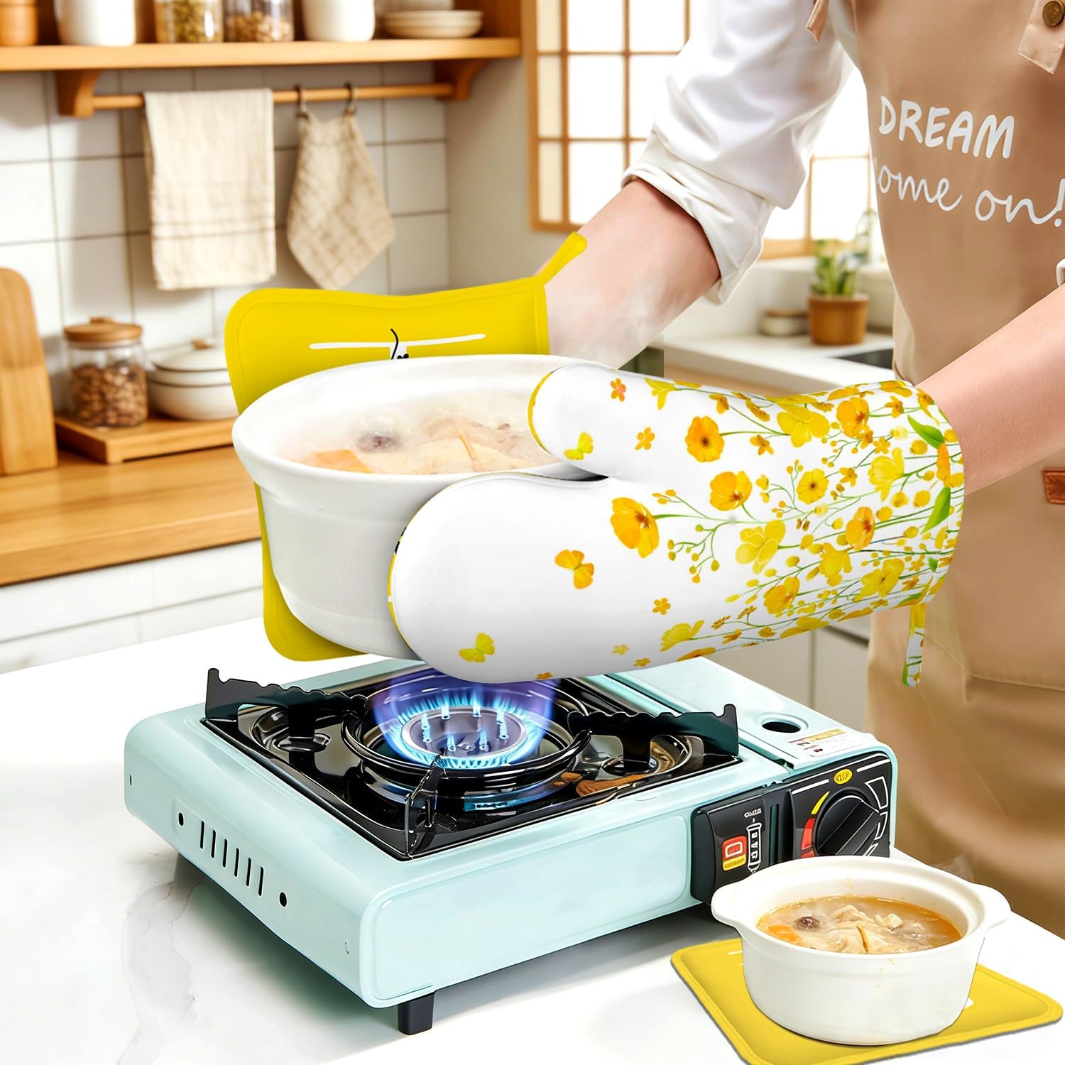 Yellow Flowers Oven Mitts and Pot Holders 4pcs Set, Hello Sunshine Kitchen Oven Gloves 11 inch, Summer Flower Heat Resistant Kitchen Glove Hot Pads, Floral Oven Mitts and Potholder for Kitchen
