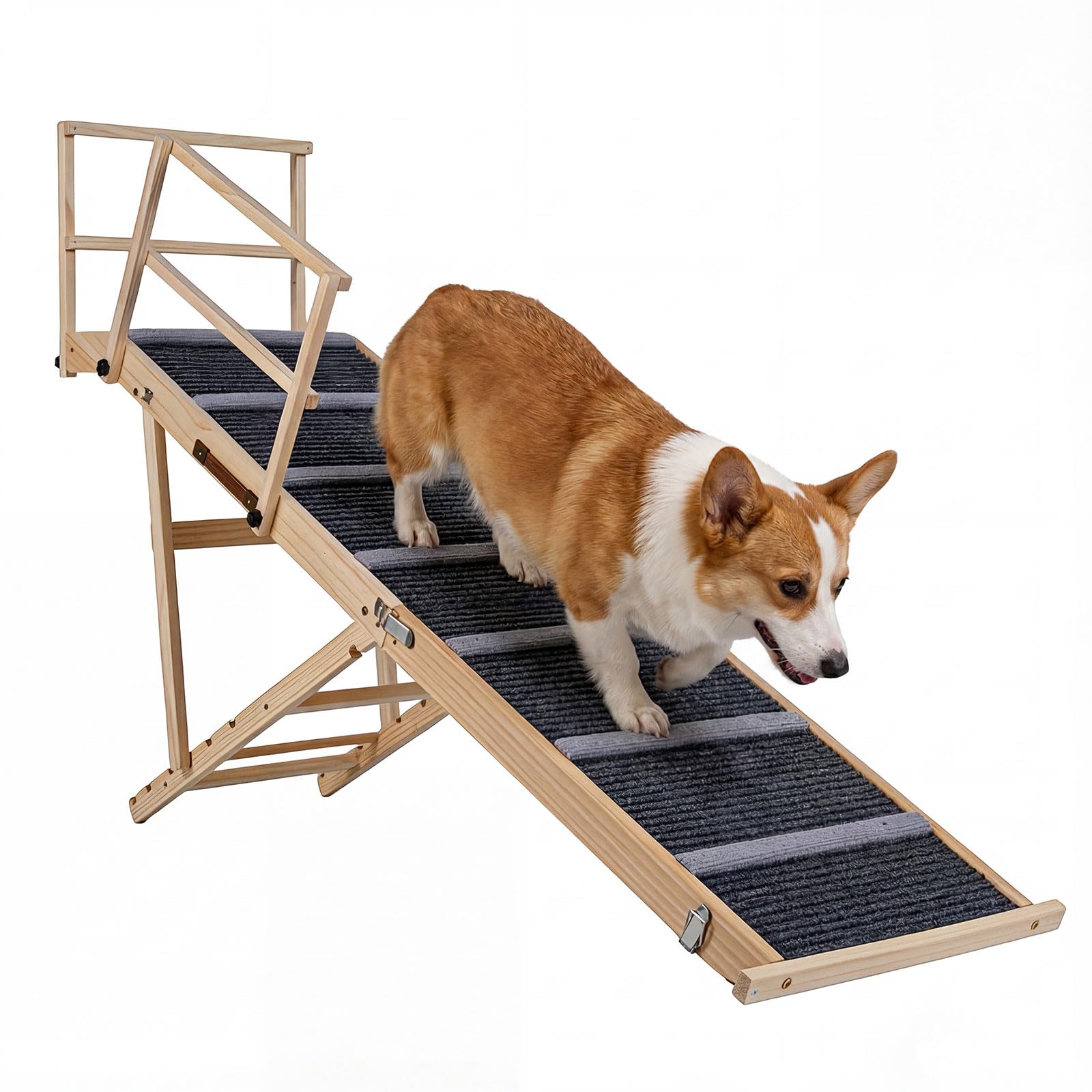 GYMAX Rampa pieghevole per cani, 150 cm di lunghezza, con altezza regolabile a 6 livelli, guide laterali rimovibili e tappeto antiscivolo, scala portatile in legno per cani per letto alto, divano e