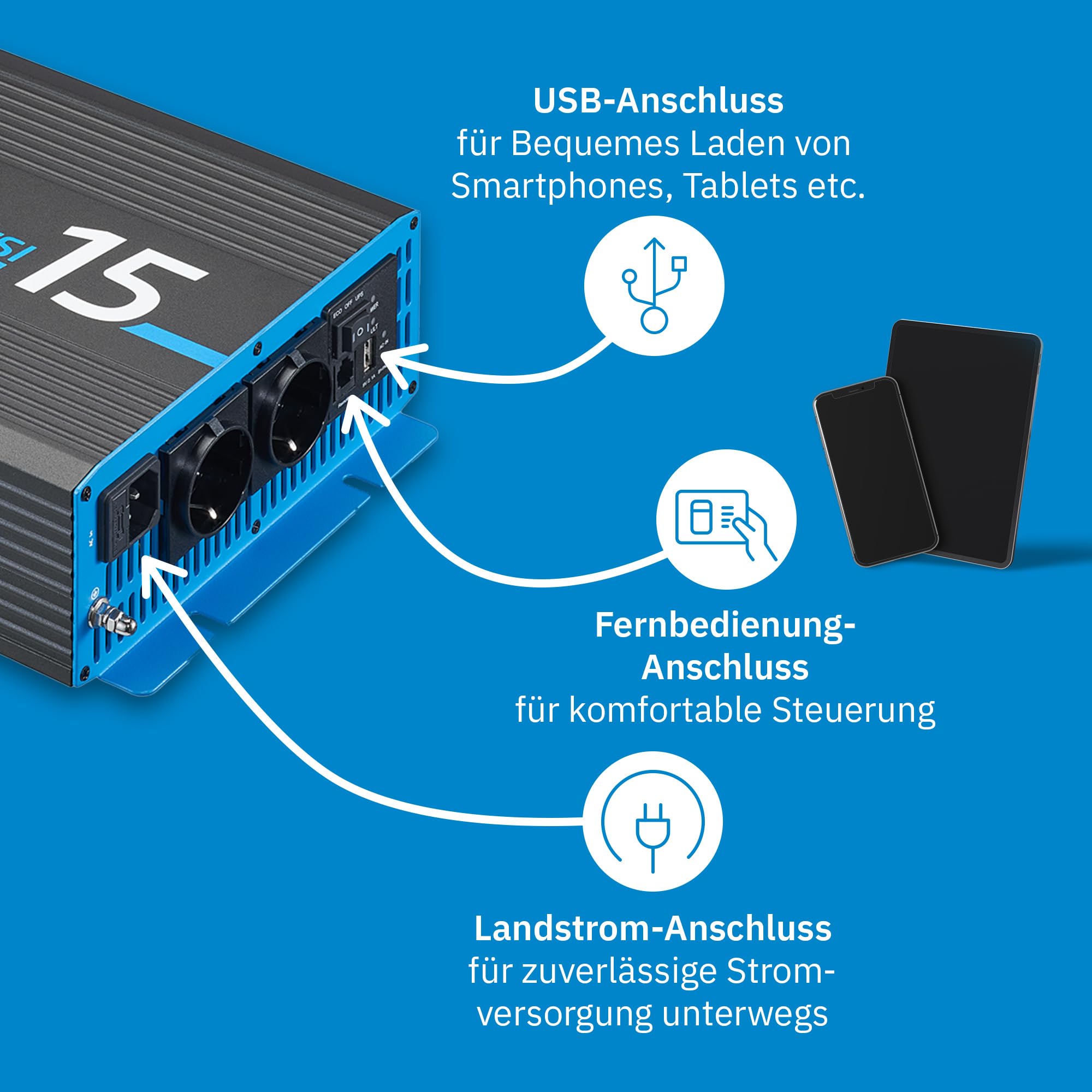 ECTIVE Wechselrichter 12V auf 230V TSI 15-1500W Reine Sinuswelle