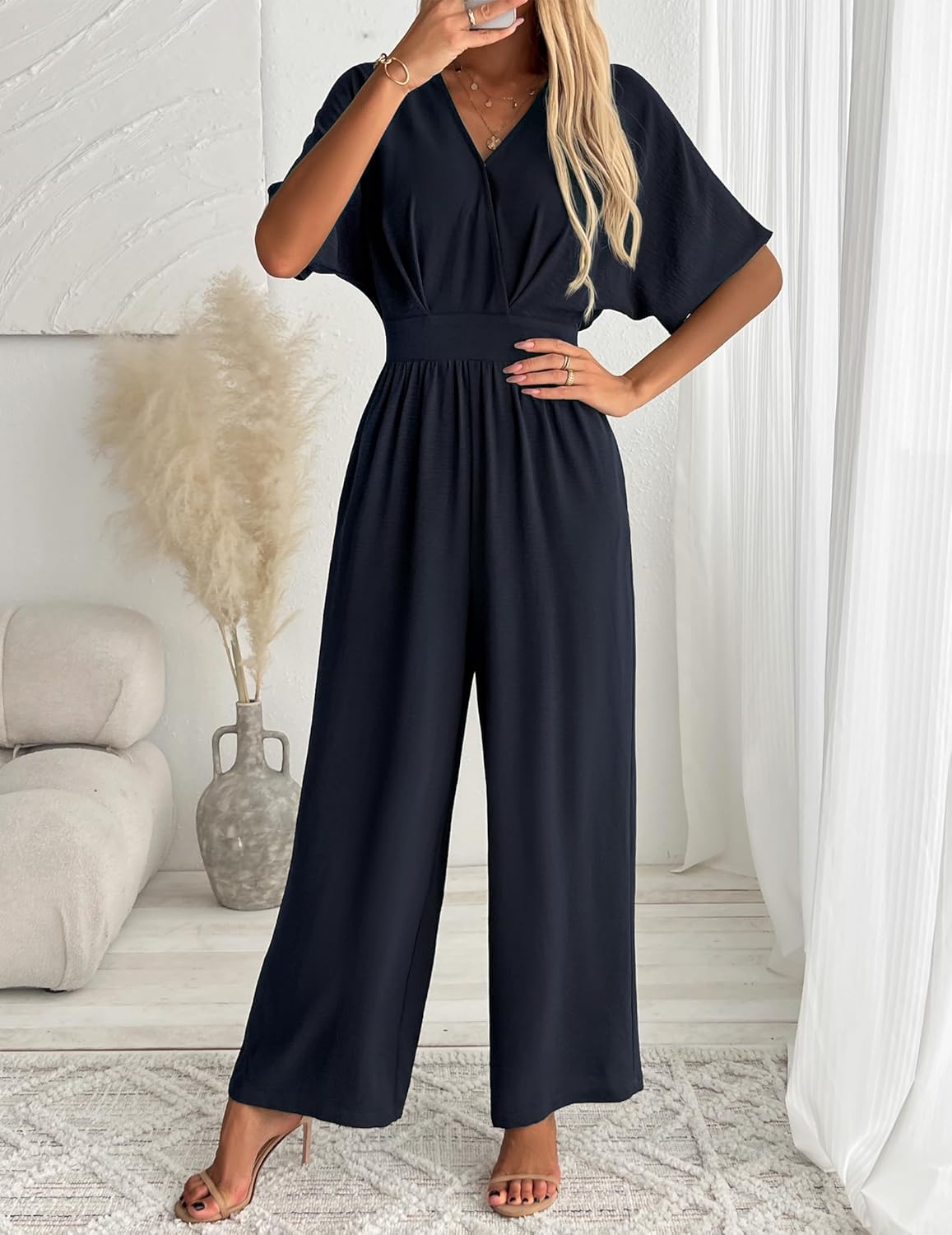 Women's One Piece Jumpsuits Dressy Casual V-Neck Batwing Short Sleeve Wide Leg Elegant Ladies Jumpsuit Rompers - Image 2