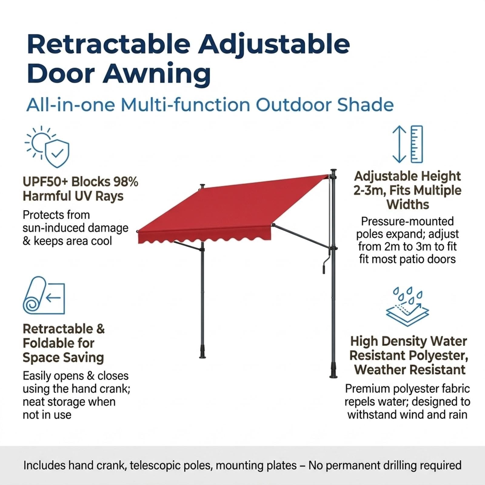 Auvent de patio rétractable autoportant à manivelle avec poteau de support. | Auvent pare-soleil imperméable à hauteur réglable, tissu de remplacement for patio d'entrée.(White pole ClrC,350cm/11.5ft)