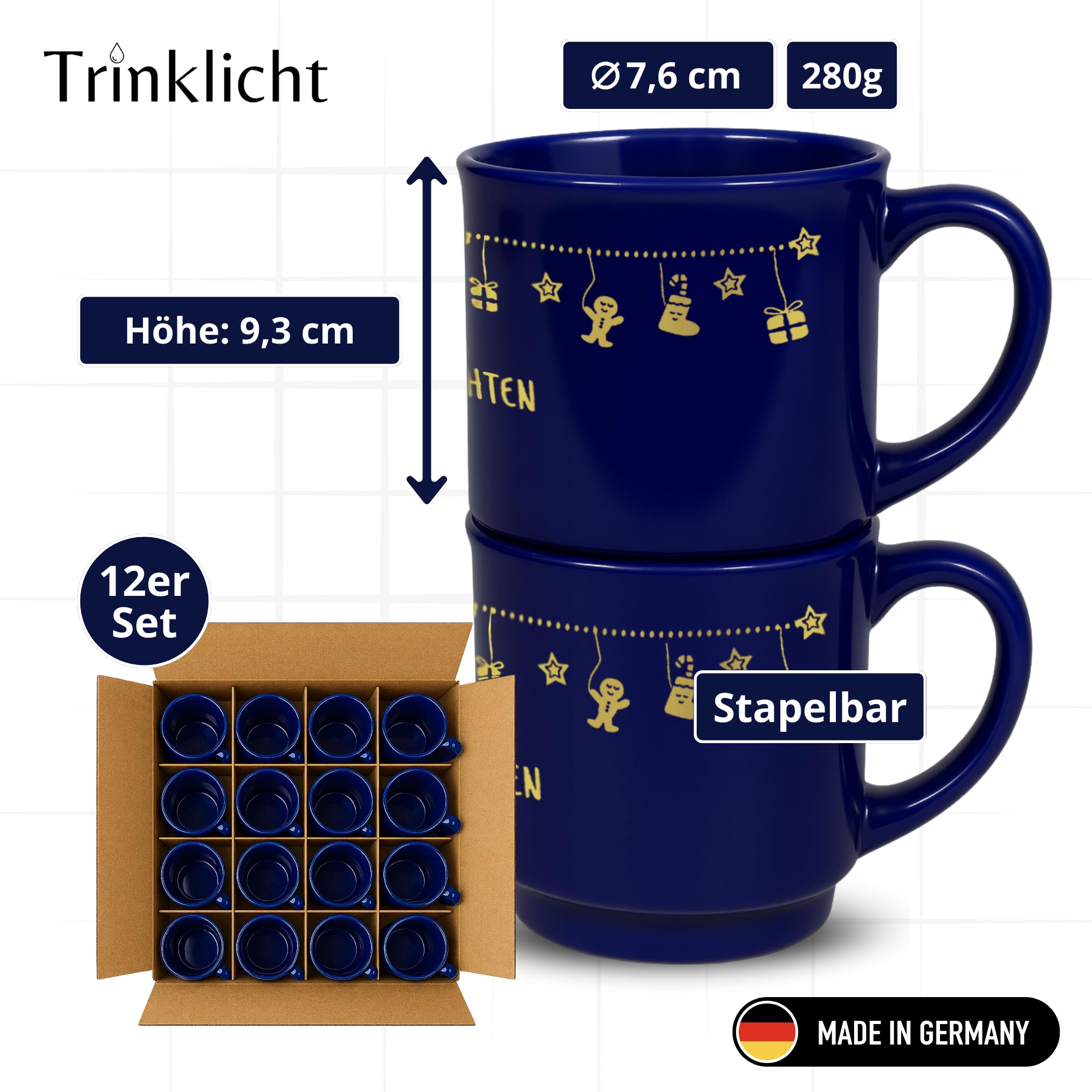 12 Glühweintassen 0,2L Blau mit Henkel Keramik Set