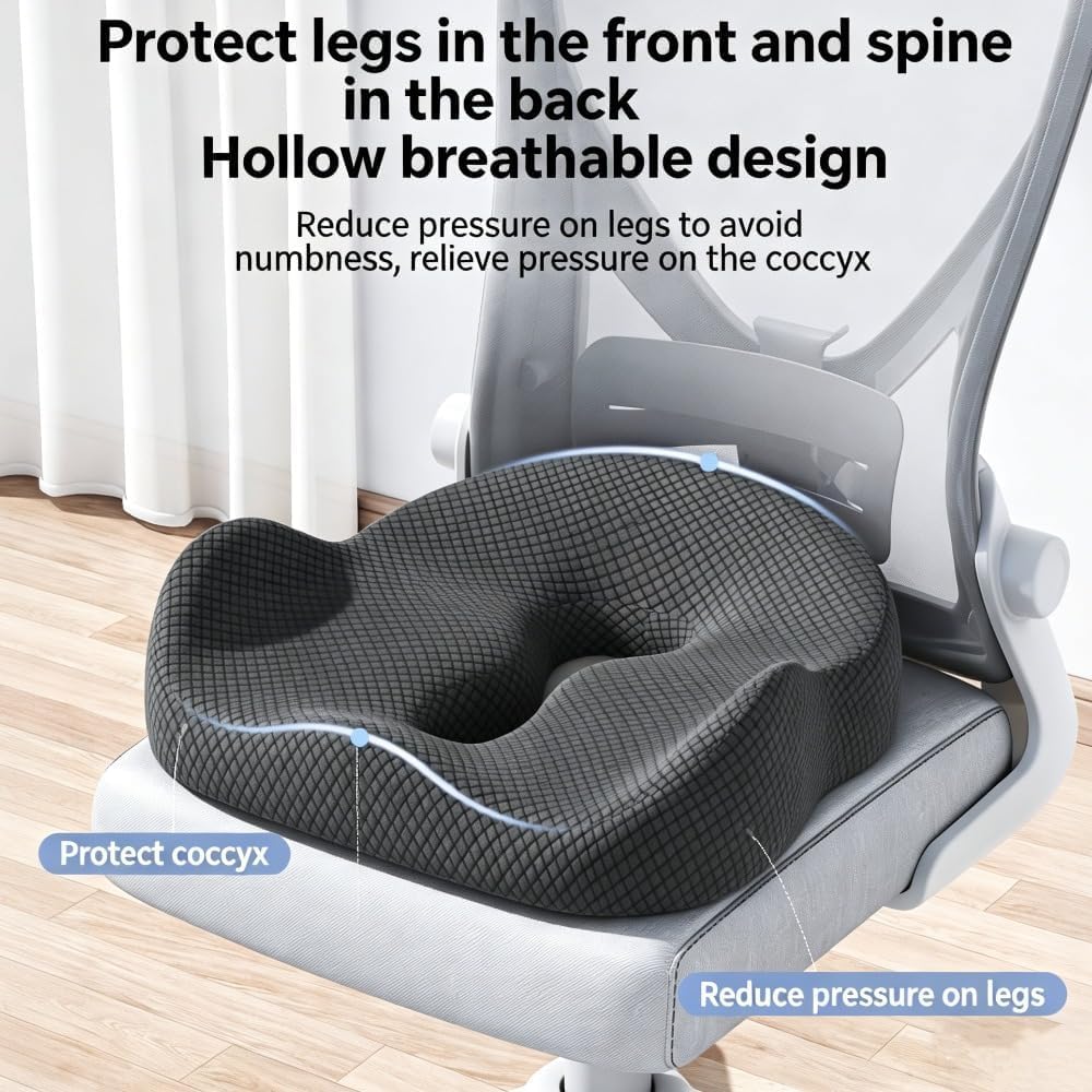 Juego de cojín de espuma viscoelástica y almohada de apoyo lumbar para silla de oficina, coche, juegos y silla de ruedas, alivio del coxis y alivio del dolor de espalda