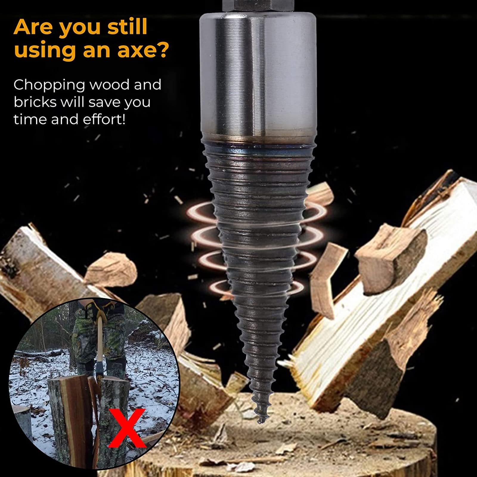 Spaccalegna per Uso Domestico, Spaccalegna Elettrico Legna Da Ardere Punta Trapano Spaccalegna Vite Conica Albero, Punta Spaccalegna con 3 Manici Trapano per Legno Di Diametro Inferiore,50mm