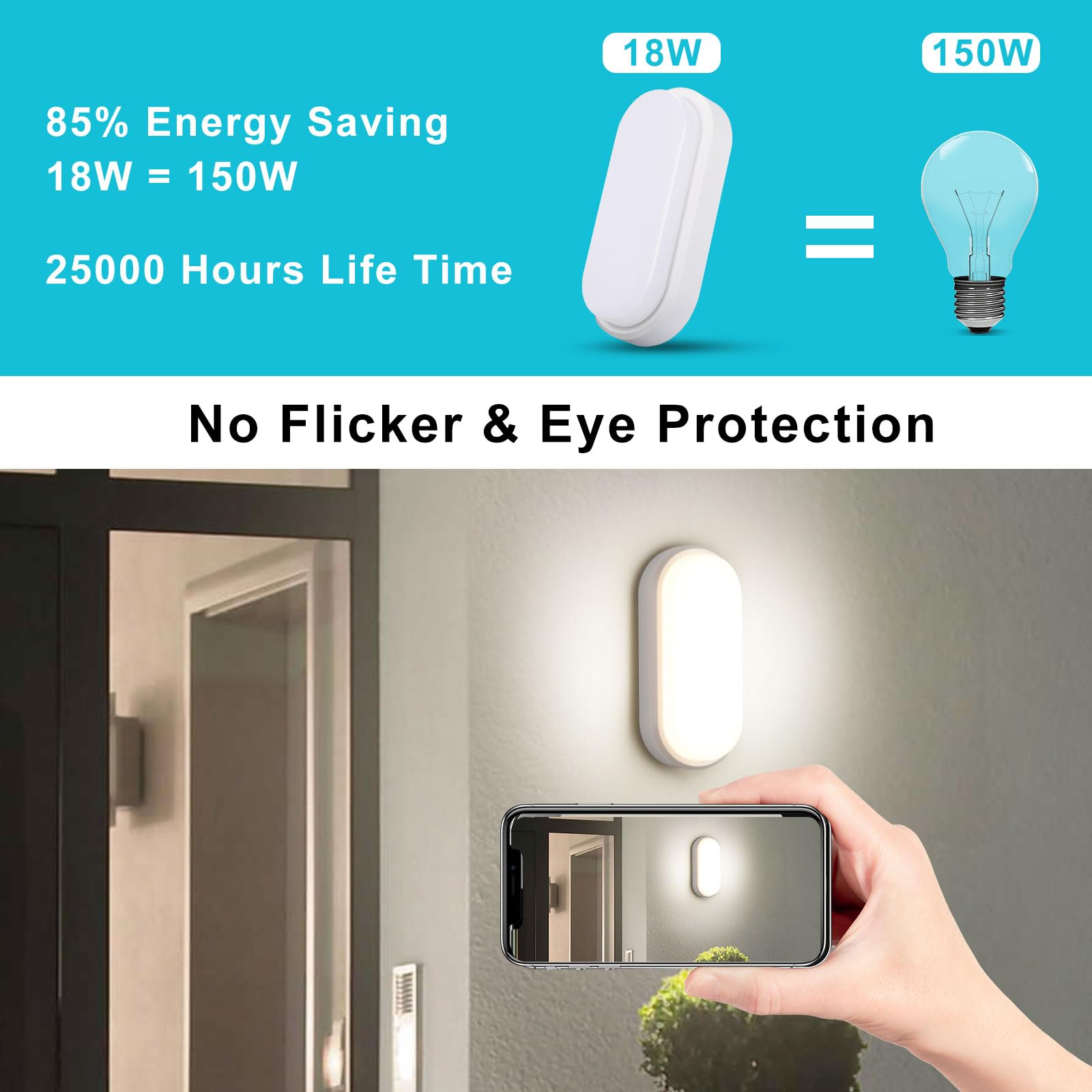 Luz LED con Sensor de Movimiento, 18W 1800LM Plafon con Sensor Crepuscular, 4000K Aplique Pared Interior, IP54 Lampara Techo Baño para Exterior Escaleras Pasillo Garage Sotano Balcon, 1 Pack