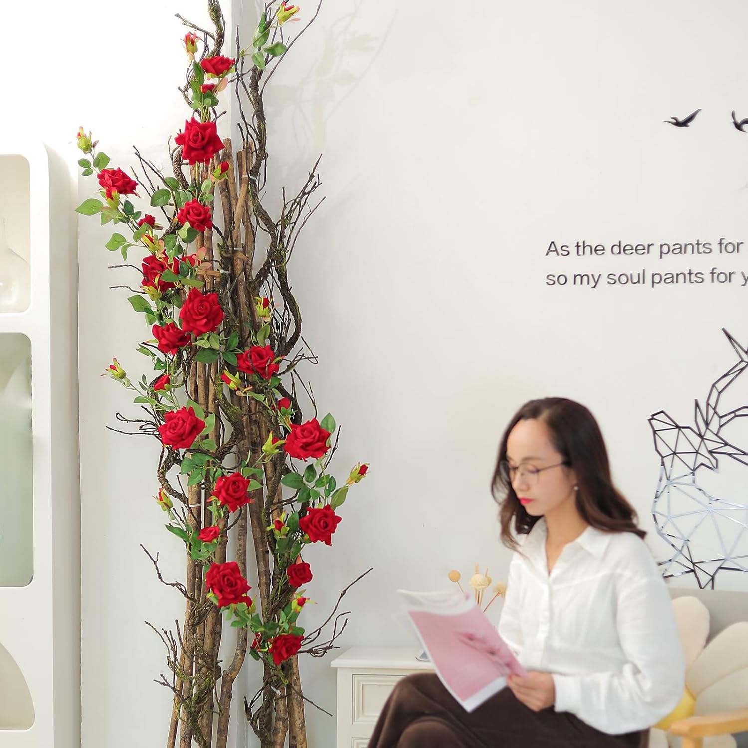 1Pcs 71inch Bendable Artificial Floral Grapevine Garland Fake Realistic Woody Tree Branches Plants Twigs Stems Trunk with Moss for Outdoor Mantel Wall Hanging Garden Halloween Jungle Room Decoration - Image 8