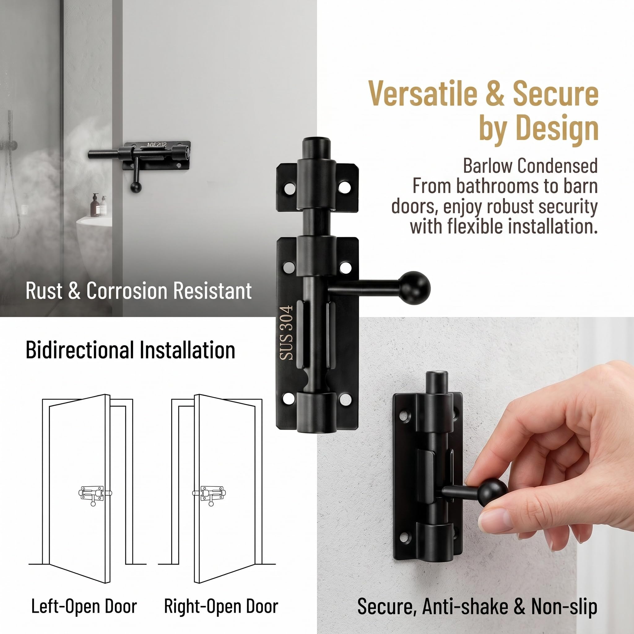WRINGKIT Paquete de 2 pestillos de puerta de acero inoxidable resistente con agujero para candado, pestillos de puerta gruesos, cerradura de seguridad para gabinete de vino, baño, garaje, puerta de