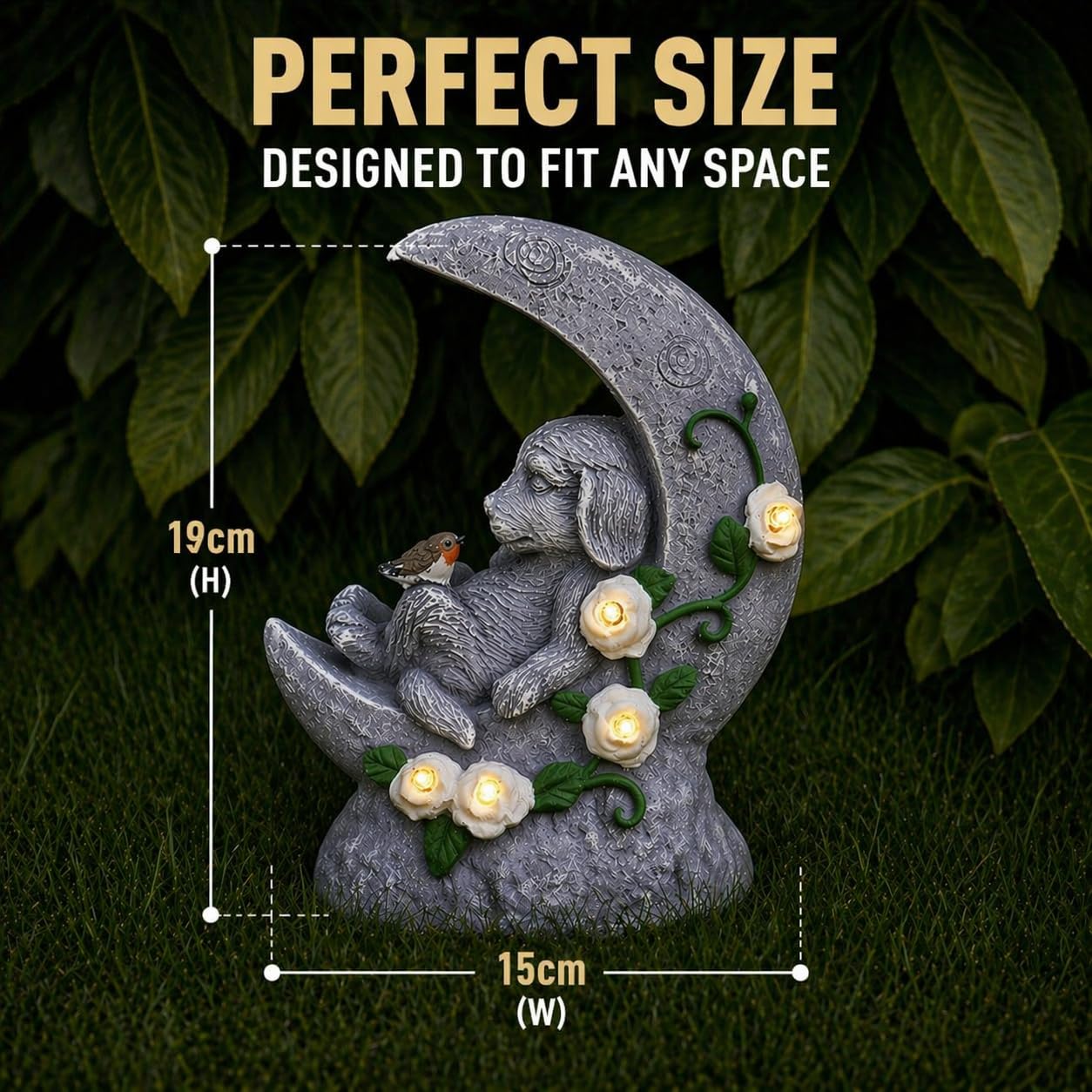 Festive Lights Lapide commemorativa da 19 cm con illuminazione LED solare a mezzaluna con cane, decorazione per tomba di cane, resistente agli agenti atmosferici, lapide per cane, luce per tomba