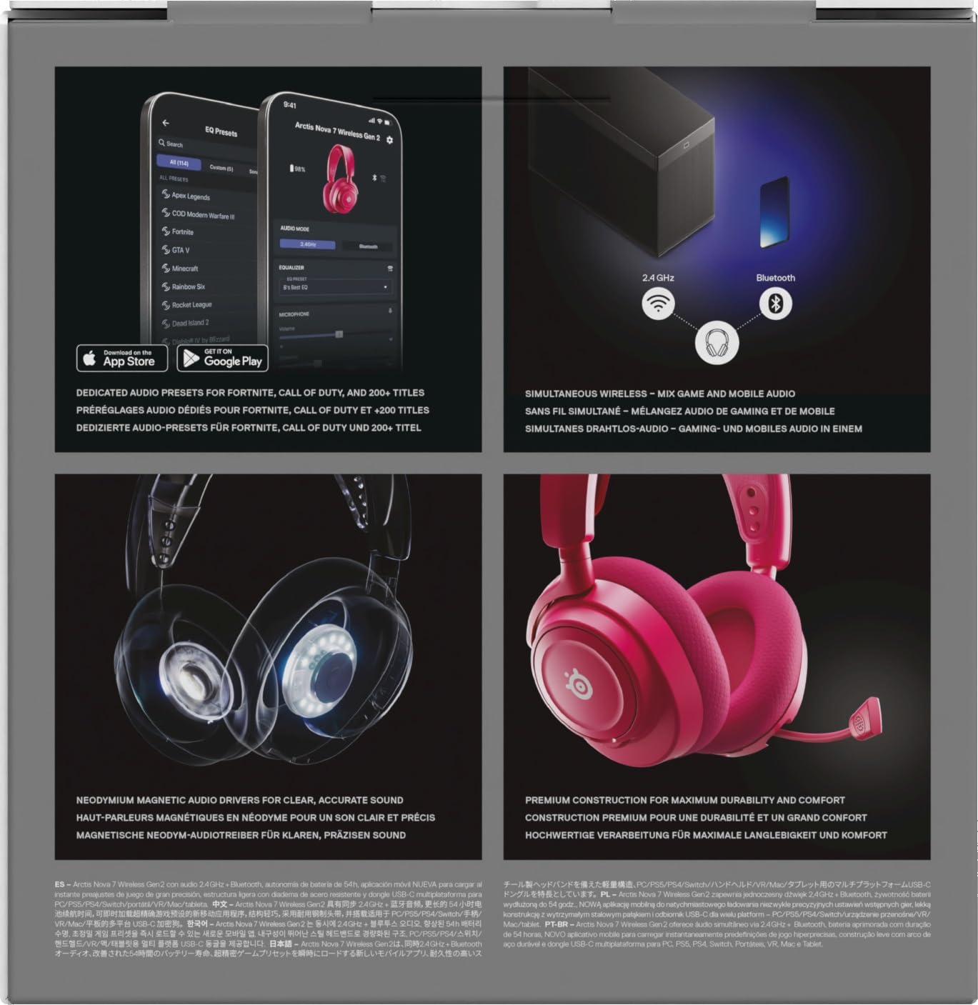 SteelSeries Arctis Nova 7 Wireless Gen 2 do gier -sterowanie aplikacją w czasie rzeczywistym - 50H + -przetworniki magnetyczne z magnesem neodymowym -miks 2,4 GHz/Bluetooth - PC,PS5, Switch 1/2,mobile